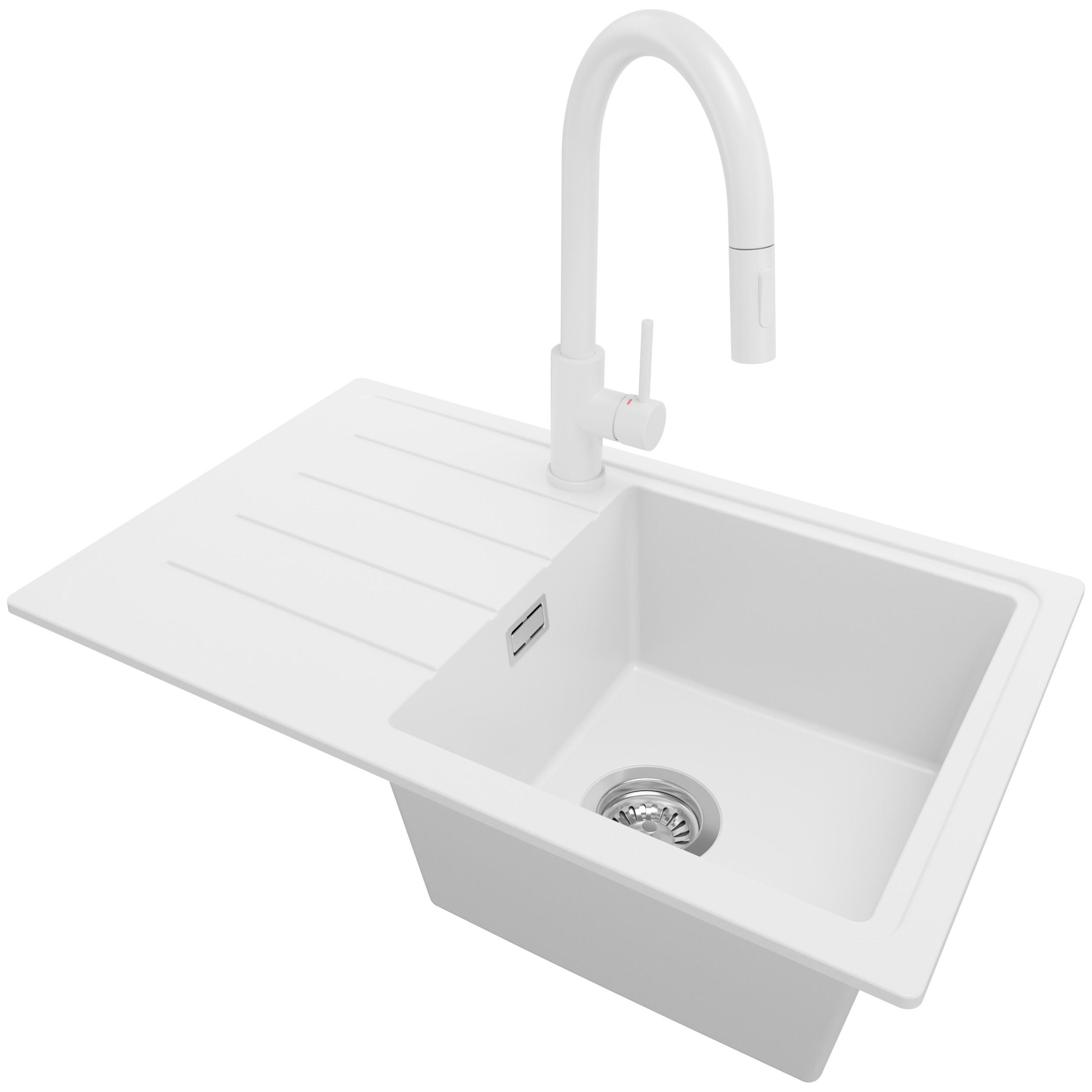 GRANITSPÜLE Kopenhagen Easy, 2-er set Weiß 70/44 cm 1 Becken + Küchenarmatur 40/20 cm + Ablauf-Set ab 45er Unterschrank - Chromfarben/Weiß, Kunststoff (70/20/44cm) - Primagran