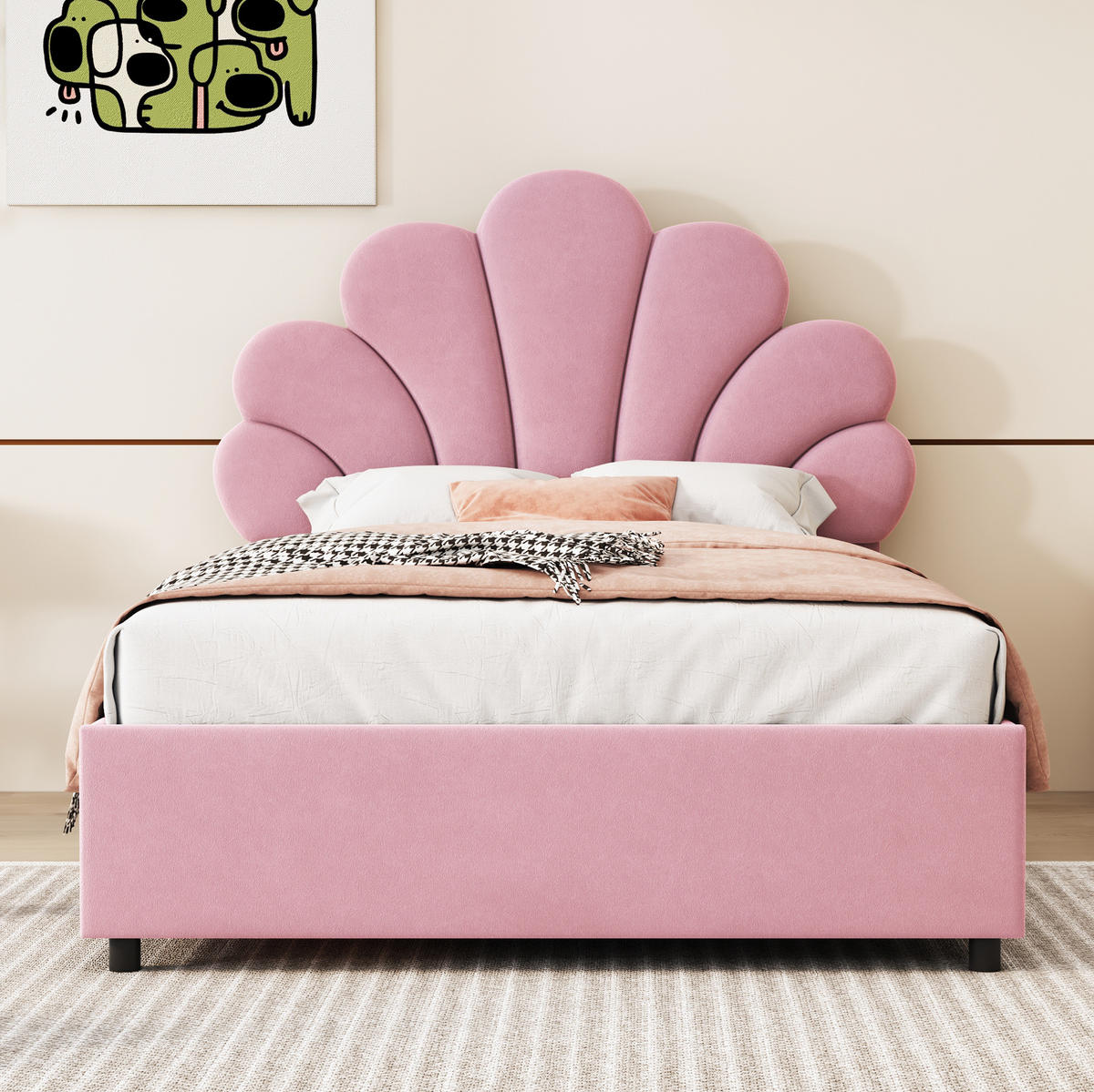 KINDERBETT Polsterbett 90/200 cm aus Samt mit floralem Kopfteil und hydraulischem Stauraum Rosa - Rosa, Textil (90/200cm) - Modenvie