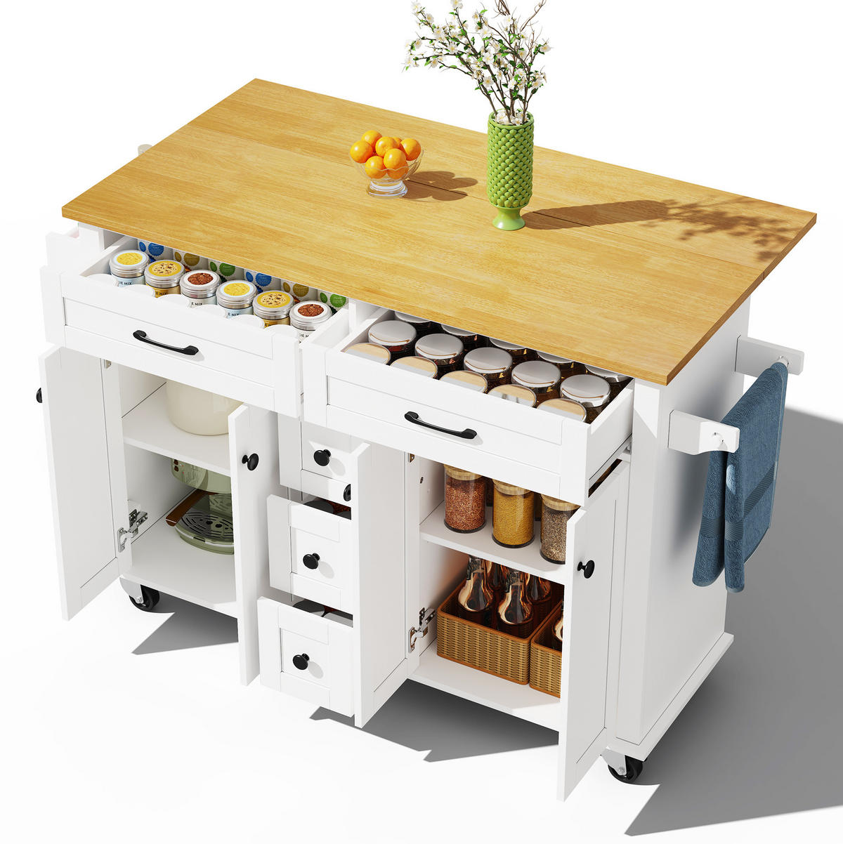 KÜCHENWAGEN 140/40/89 cm in Weiß/Natur mit klappbarer Arbeitsplatte und Rollen - Weiß, Holzwerkstoff (140/89/65cm) - Flora Grace