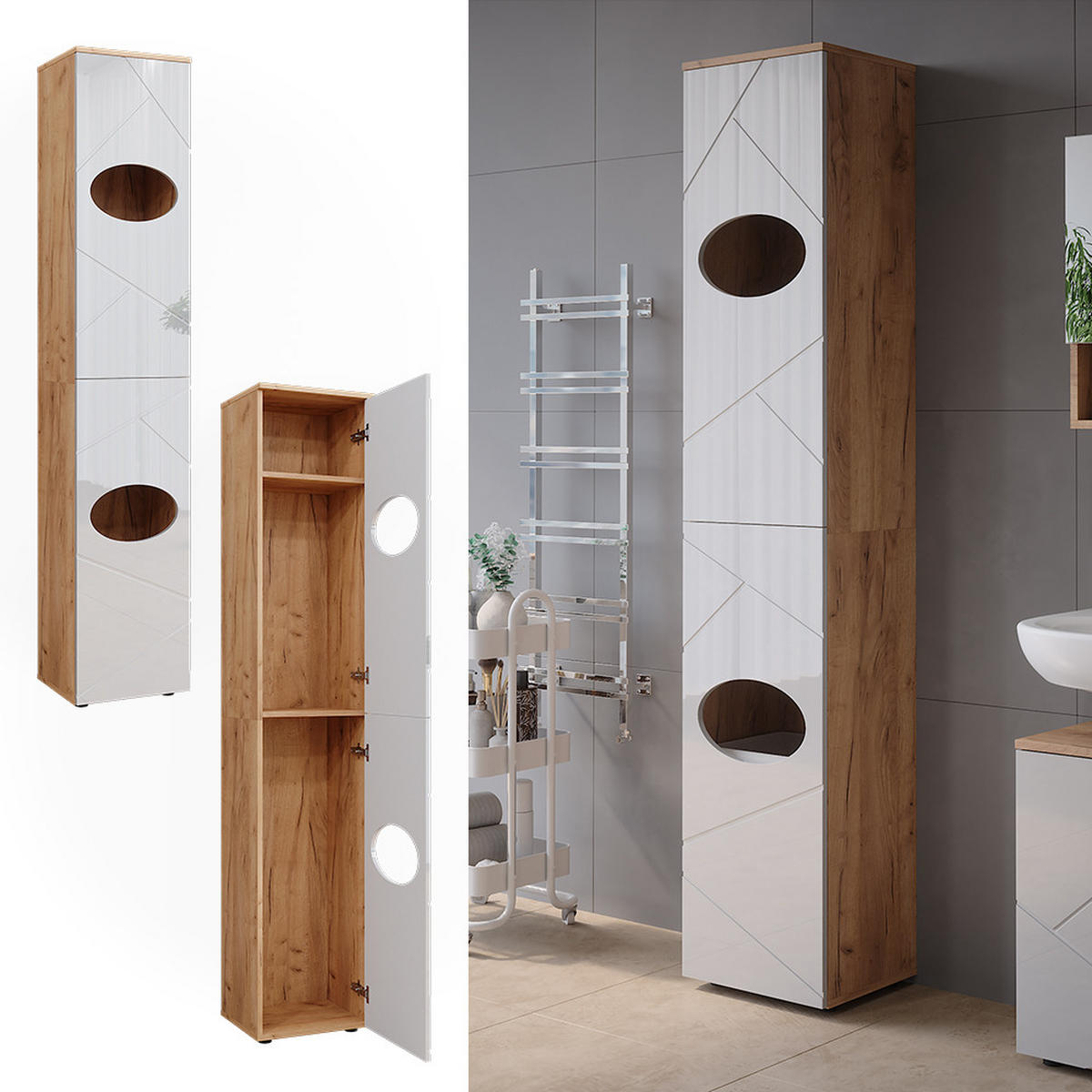 WÄSCHESCHRANK Irma Goldkraft Eiche/Weiß Hochglanz 37.2 x 192 cm - Weiß Hochglanz/Eiche Wotan, Holzwerkstoff (37.2/192/32cm) - Vicco