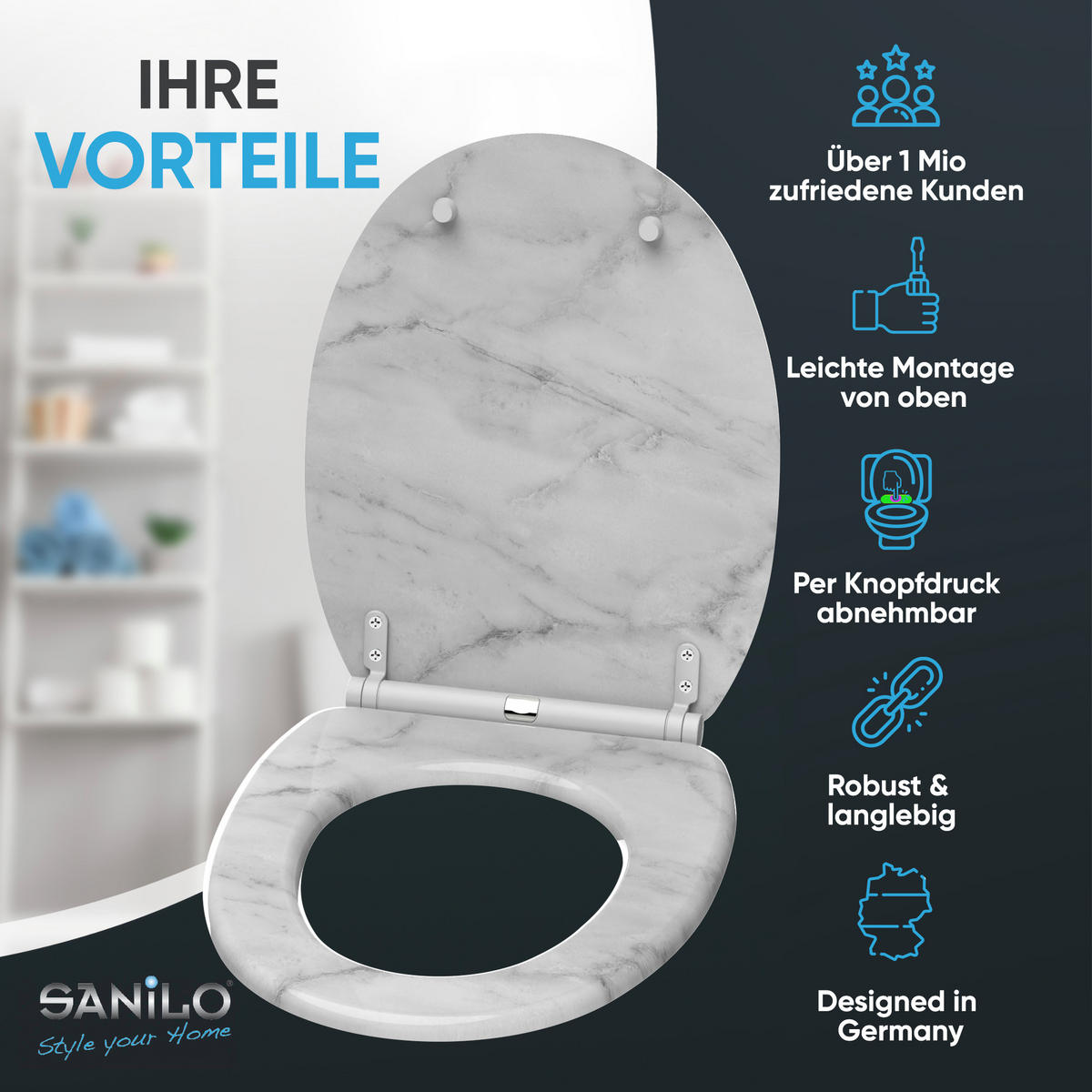WC-SITZ mit Absenkautomatik & Top Fix Marmor - Grau, Holzwerkstoff (37.7/5.5/48cm) - Sanilo