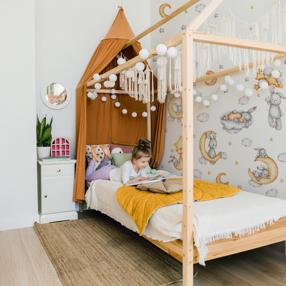 STICKER SET für Kinder Häschen Wolken Monde Sterne 60x30 - Gelb/Beige, Papier (60/30/1cm) - Muralo