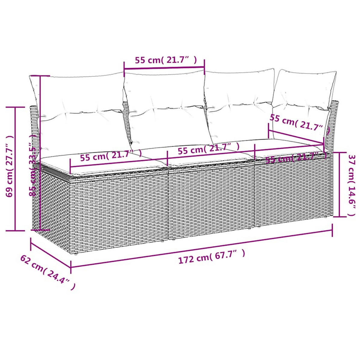 LOUNGESOFA mit Dunkelgrau Kissen, 3-Sitzer, 172/62/69 cm, aus Poly Rattan, Grau - Grau, Kunststoff (62/69/172cm) - vidaXL