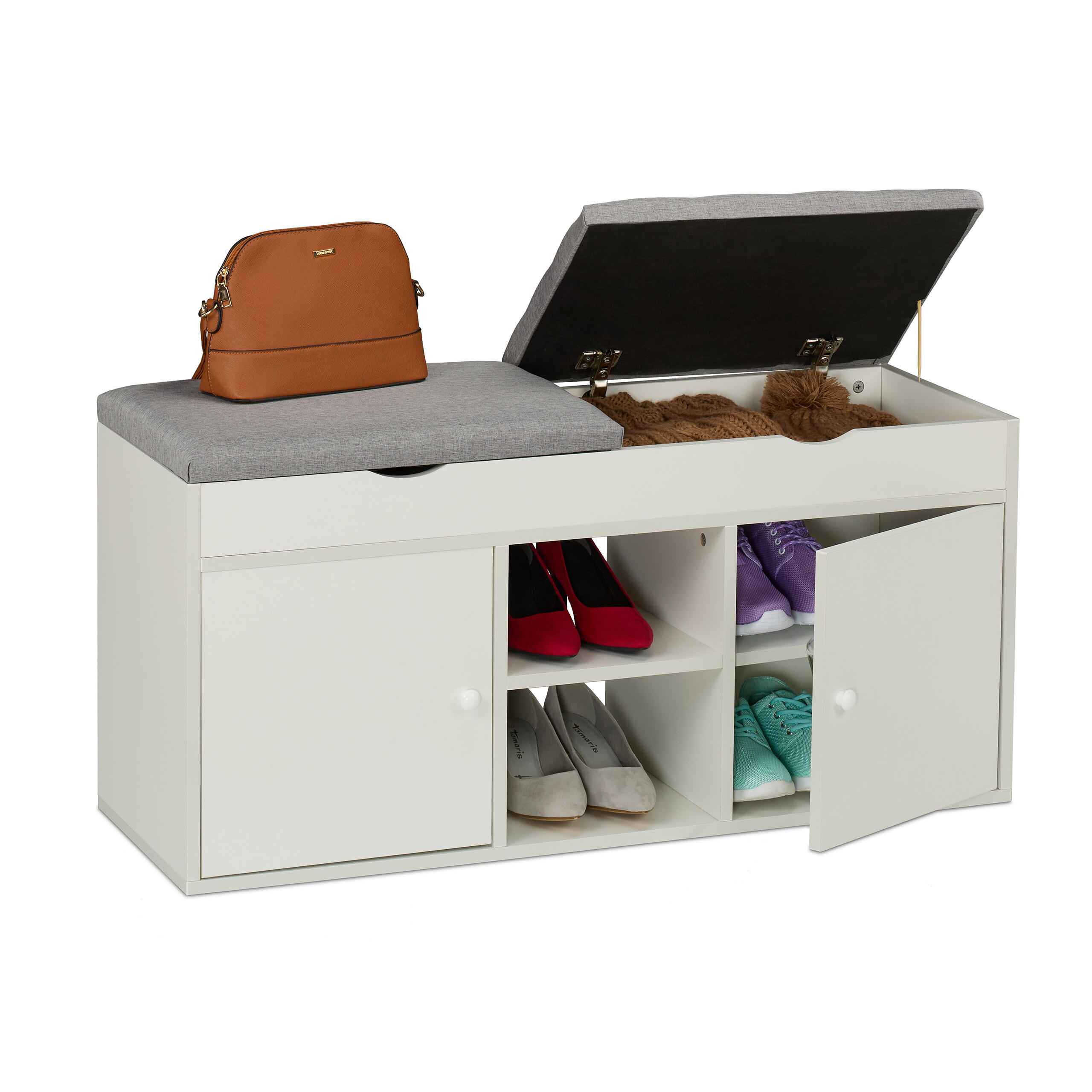 SCHUHBANK - Weiß/Grau, Holzwerkstoff/Textil (100/49.5/34cm) - Relaxdays