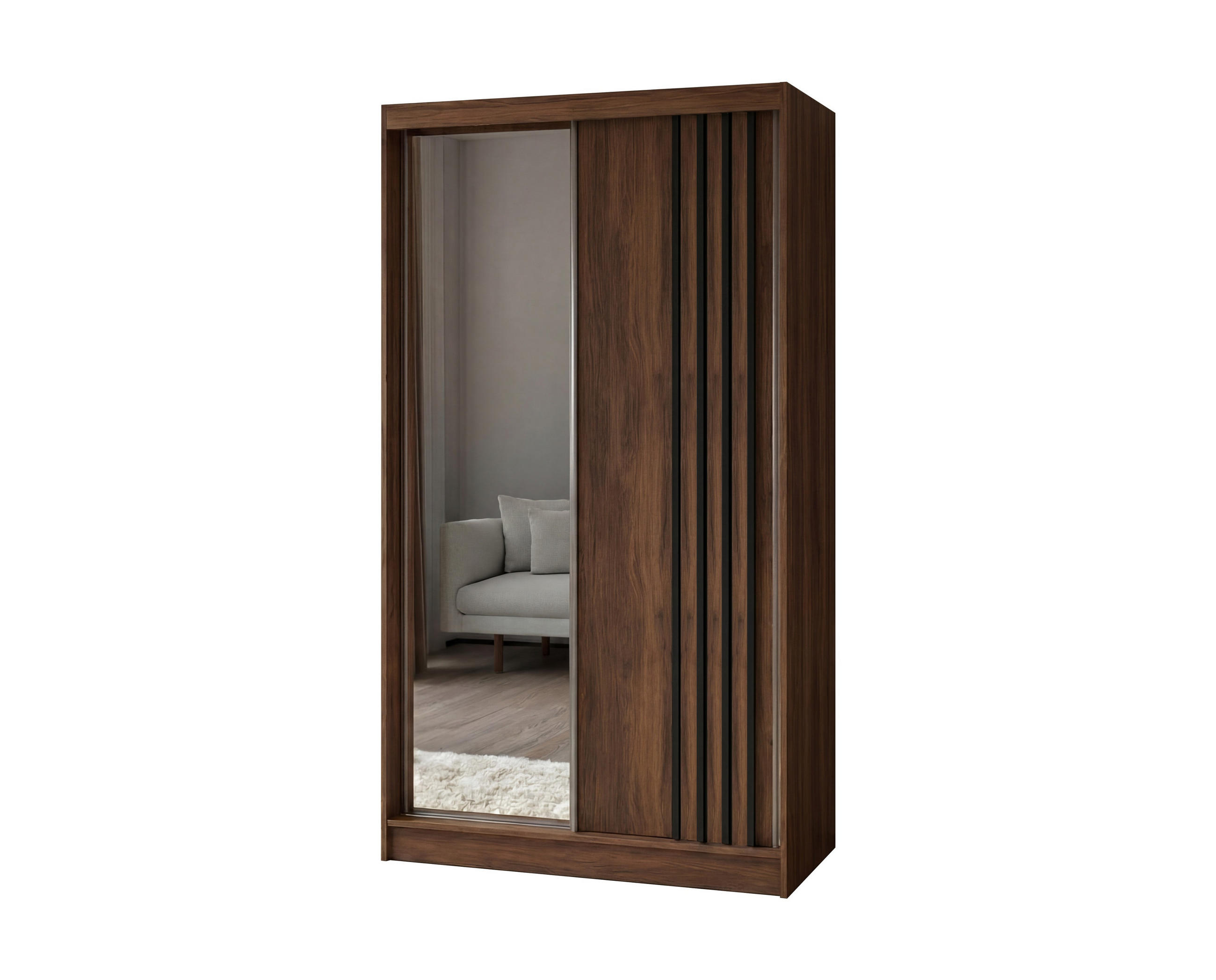 SCHWEBETÜRENSCHRANK Neli 120 cm mit Lamellen und Spiegel 2-türig, Nuss Warmia, Lamelle schwarz - Dunkelbraun/Schwarz, Kunststoff (120/216/61cm) - Margaret Hadas24