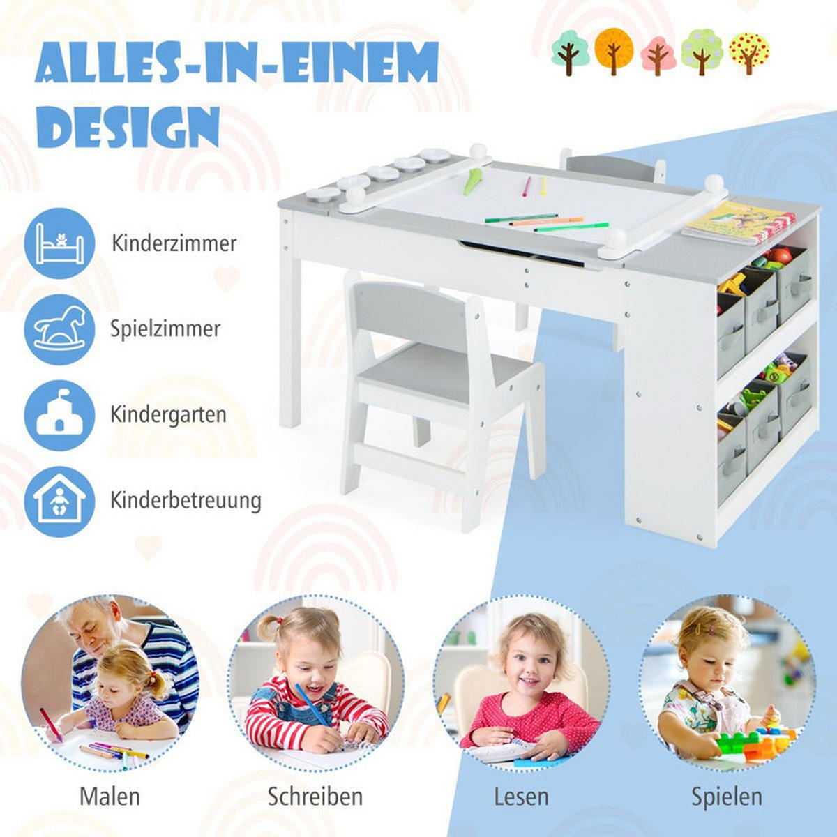 KINDERTISCH mit Stuhl grau(3-tlg) - Grau, Holzwerkstoff (109/55/60cm) - COSTWAY