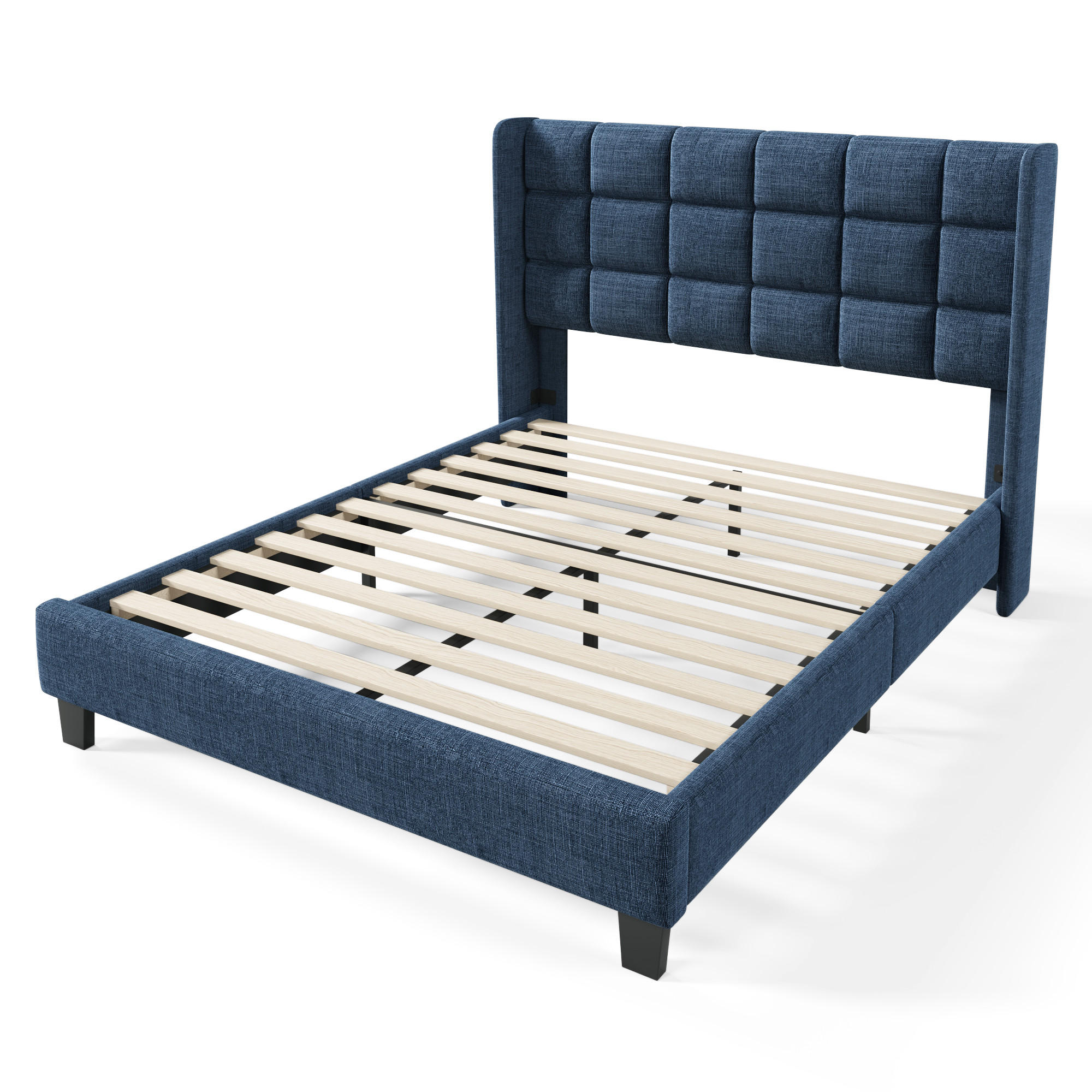 POLSTERBETT 140/200 cm DE-03886, mit Leinenbezug und Kopfteil, in Blau - Blau, Metall (140/200cm) - ComfortXL