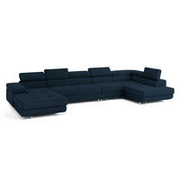 WOHNLANDSCHAFT VELORA R-S Blau Velours-Stoff mit Schlaffunktion - Blau, Holz (419/90/202cm) - MASSENO