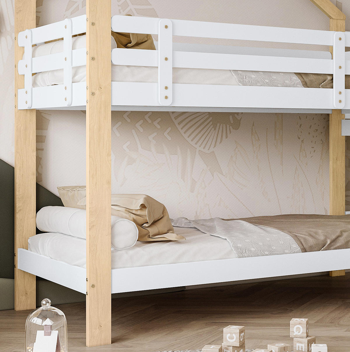 ETAGENBETT aus Kiefer und MDF 90x200 cm Weiß/Natur mit Rutsche, Hausdach und Absturzsicherung - Weiß, Holzwerkstoff (90/200cm) - Modfu