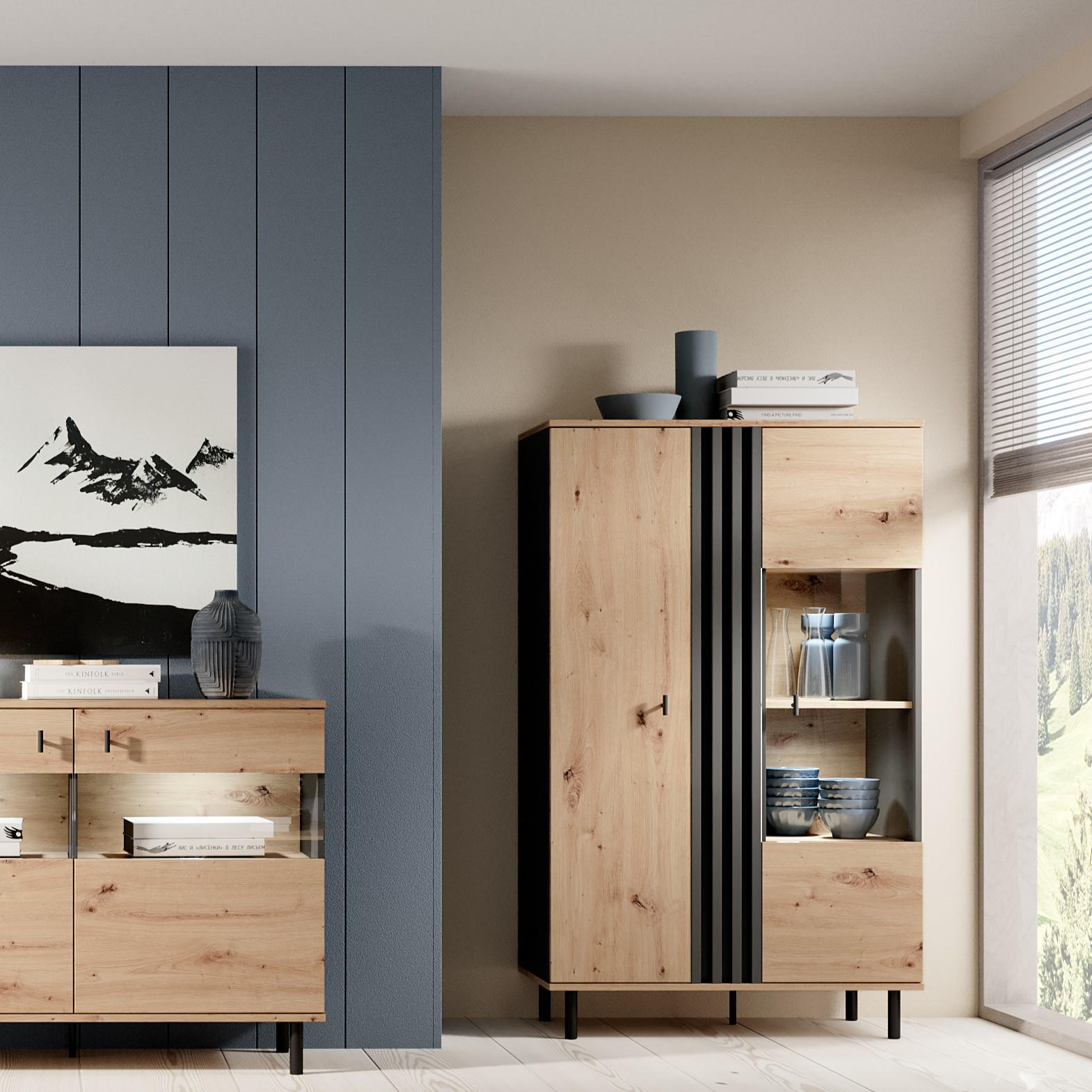 Thumbnail - Masseno Vitrine, Anthrazit, Holzwerkstoff, 90.1x148.8x40 cm, Wohnzimmer, Wohnwände, Vitrinenschränke