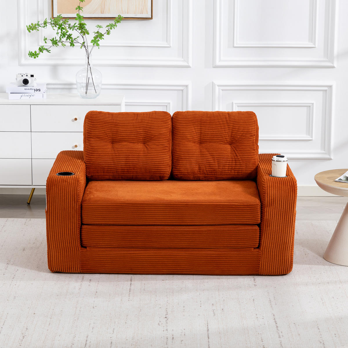 2-SITZER SOFA Cord Orange mit Getränkehaltern und Seitentaschen - Orange, Textil (136/82.5/80cm) - WISHDOR