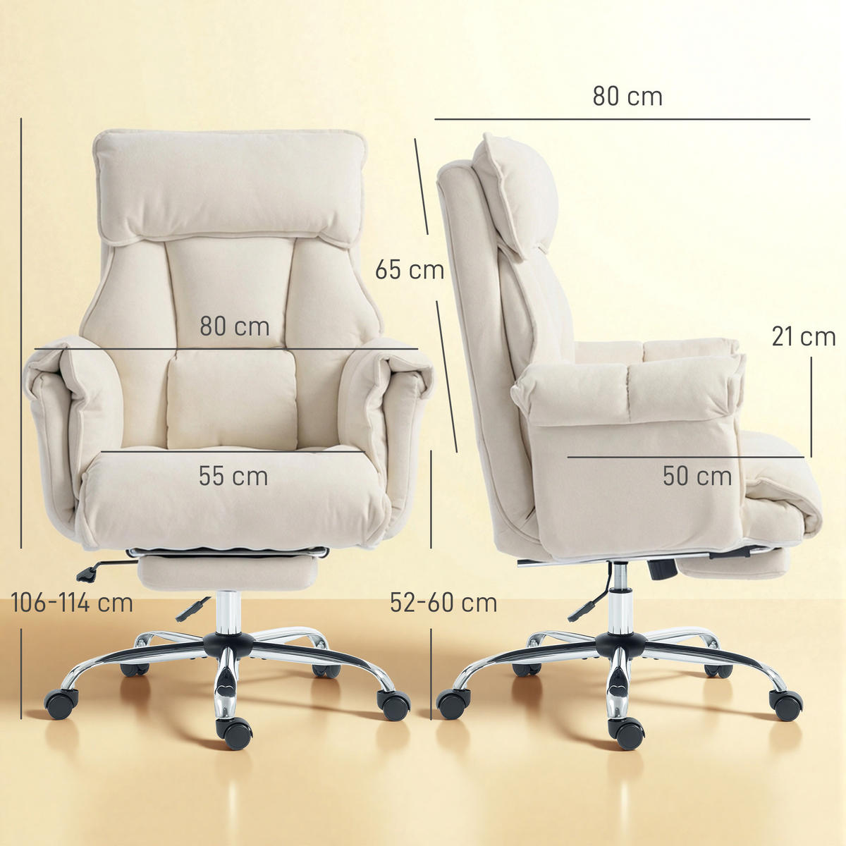 BÜROSTUHL Schneeflanell Cremeweiß - Silberfarben/Creme, Textil/Metall (80/114/80cm) - HOMCOM