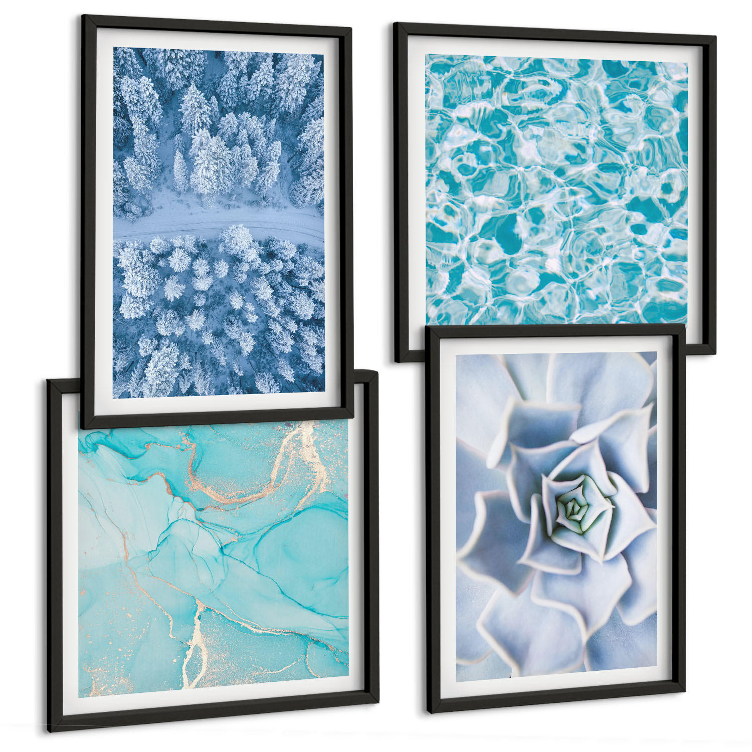 BILDER SET 4er Set - 50x50 cm & 40x60 cm Schwarzer Rahmen - Winterwald-Blaublume - Schwarz, Kunststoff (50/50cm) - TULUP