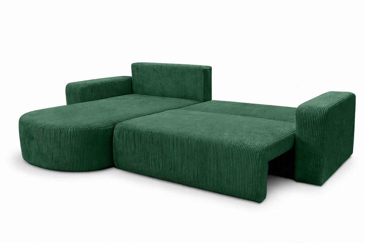 ROHOVÁ SEDAČKA s funkcí spaní, manšestrová tkanina Poso, Zelená, Levá strana, ROUND ONE XL - zelená barva, dřevo (271/175cm) - Kaiser Möbel