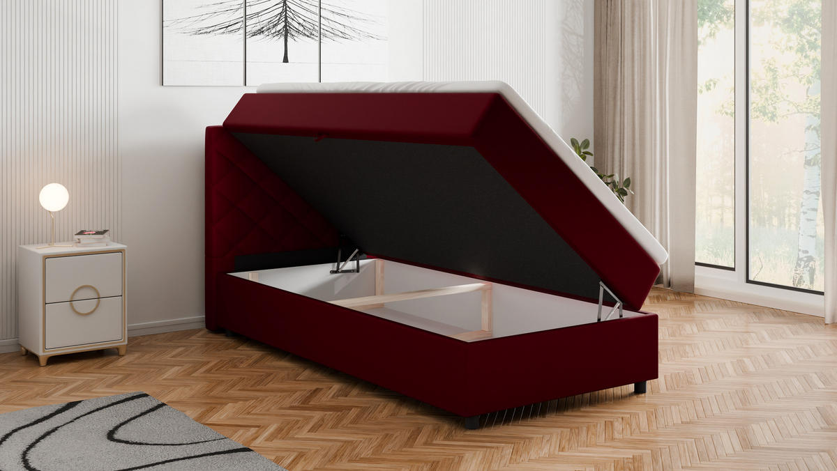 BOXBETT Diamaro 100x200 cm mit Bettkasten und Topper - Rot - Rot, Holz (100/200cm) - Panda Möbel