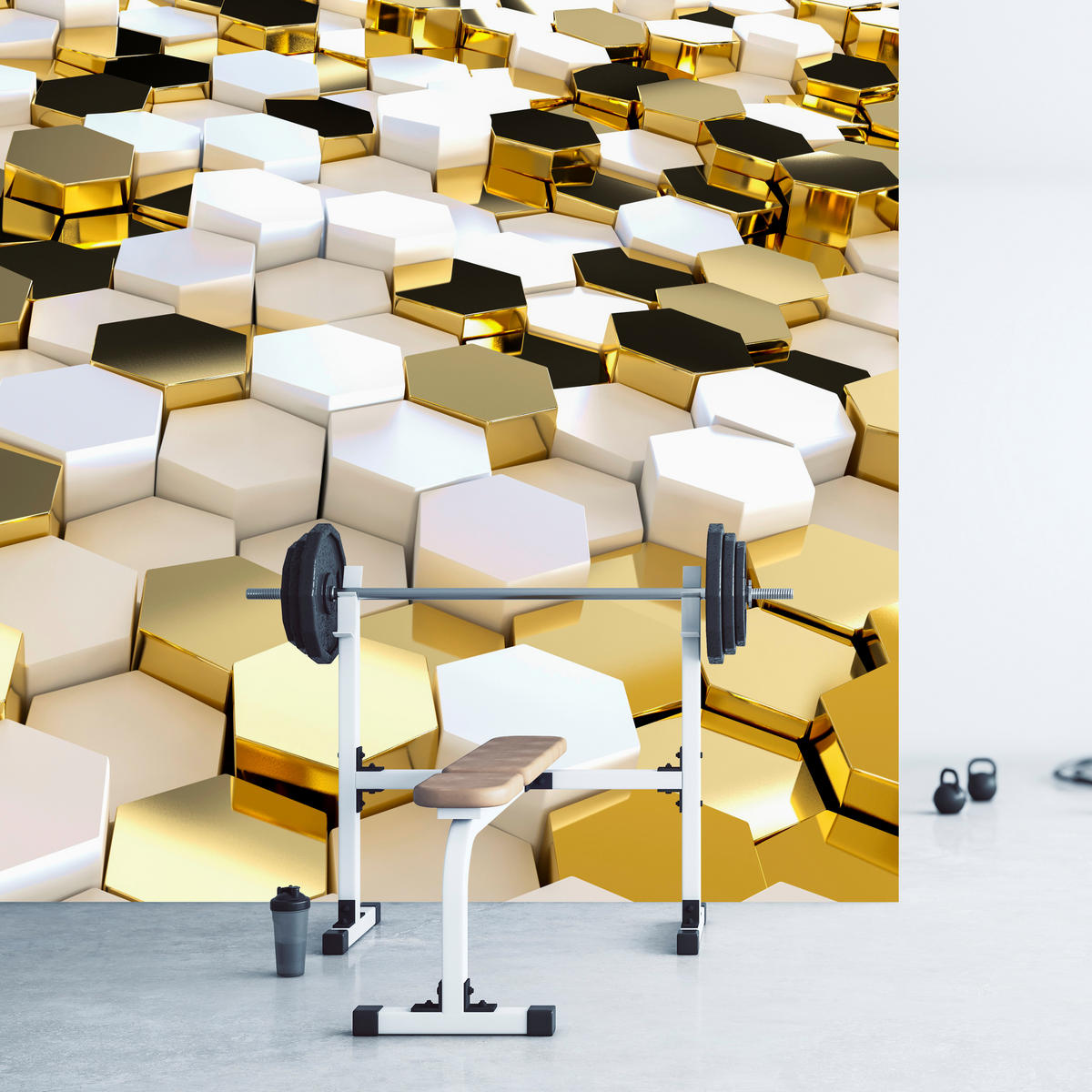 FOTOTAPETE für Büro Futuristisch Goldene Hexagone Formen Geometrie 500x350 - Gelb/Goldfarben, Papier (500/350cm) - Muralo