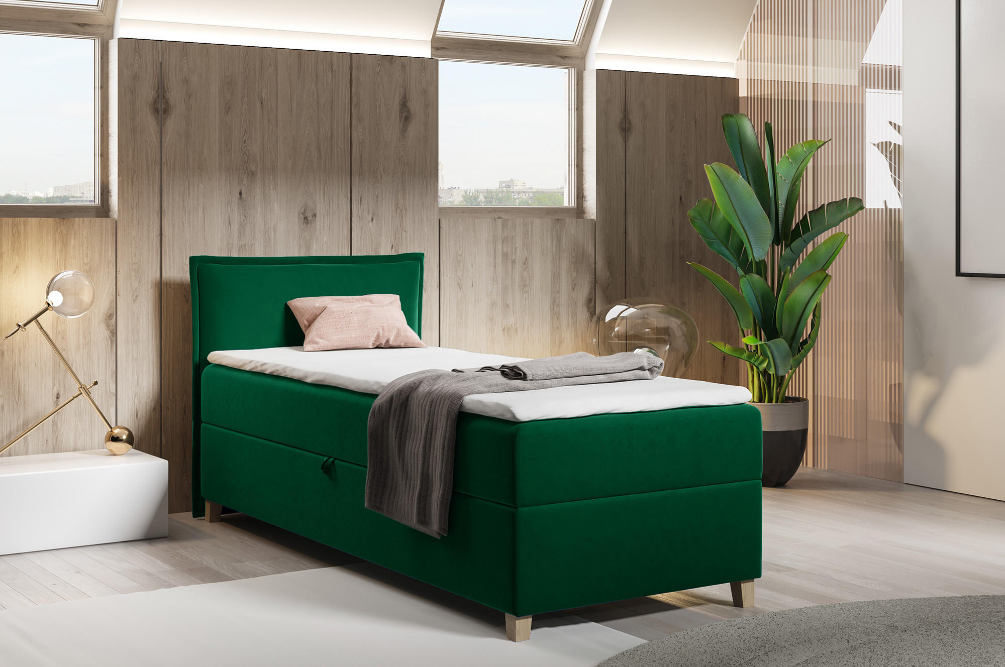 BOXBETT Fren Mini - 90x200 - grün (Kronos 19, Velvet) - Beige/Grün, Holz/Holzwerkstoff (90/200cm) - Sofnet