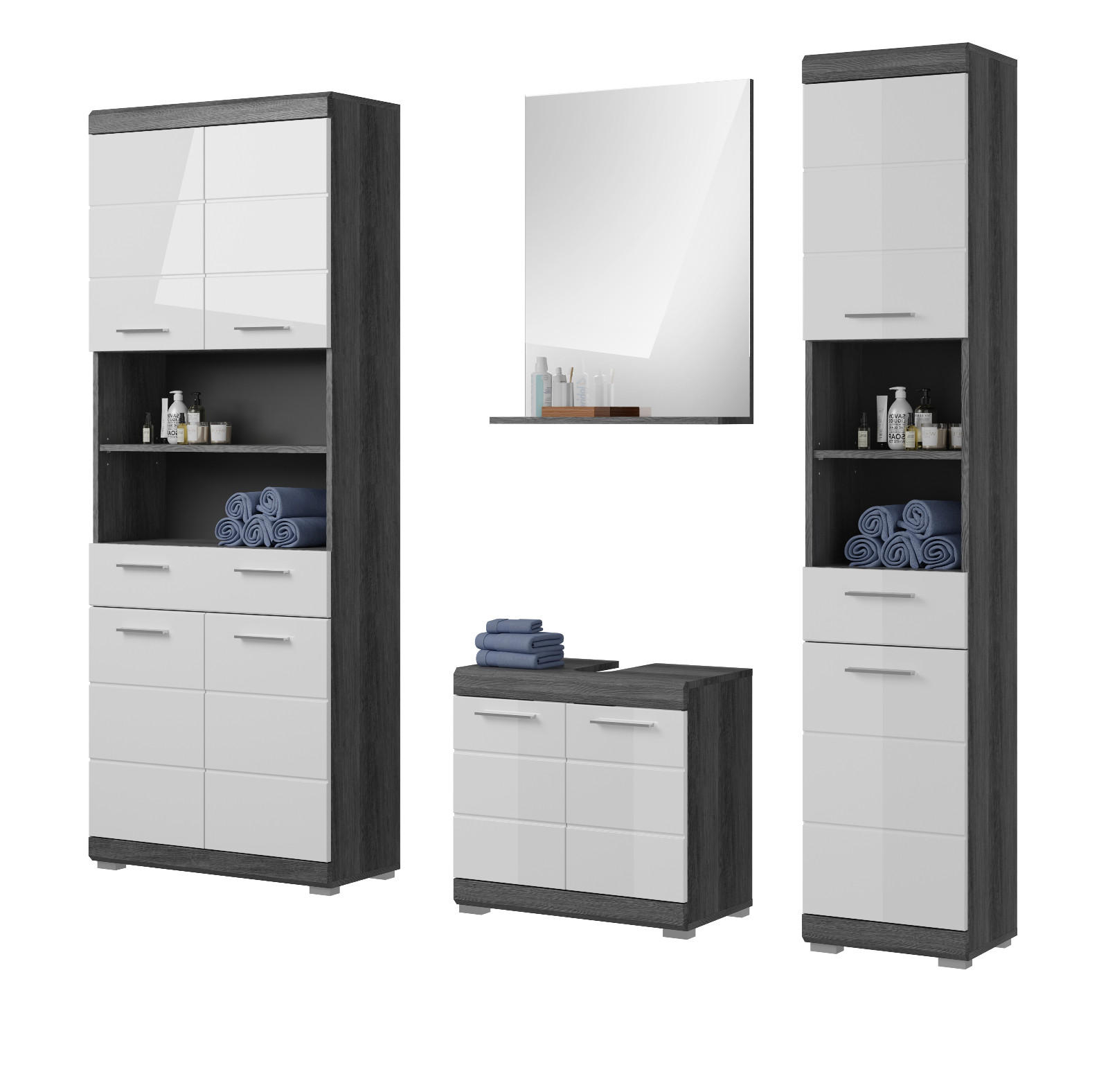 BADMÖBEL-SET weiß Hochglanz, grau 4-teilig 186 cm, Komplettset mit 14 Fächern - Weiß Hochglanz/Grau, Holzwerkstoff (186/191/34cm) - Inn.Furn