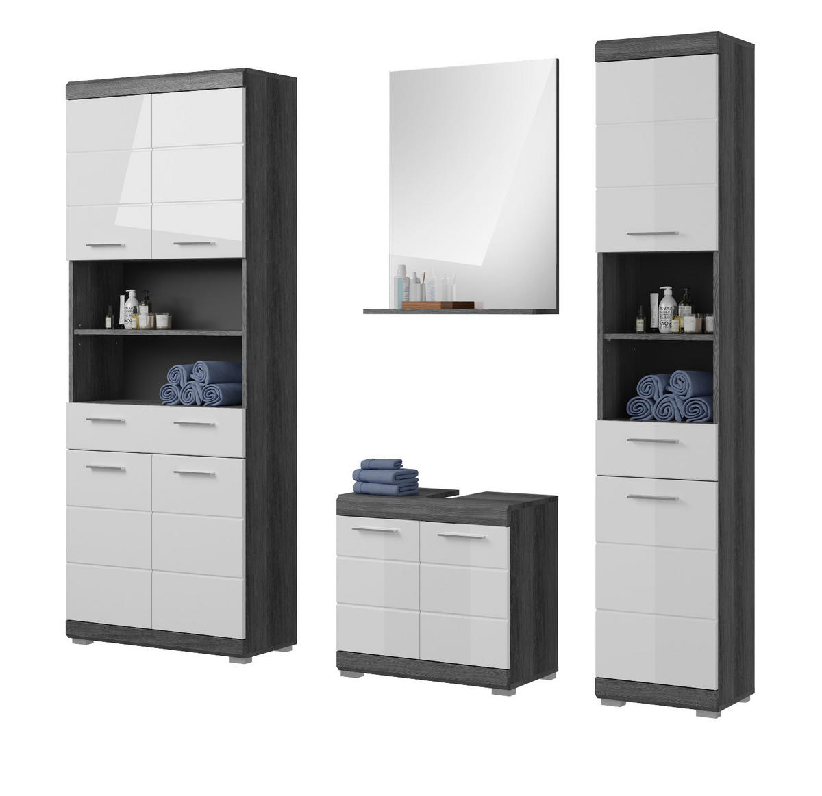 BADMÖBEL-SET weiß Hochglanz, grau 4-teilig 186 cm, Komplettset mit 14 Fächern - Weiß Hochglanz/Grau, Holzwerkstoff (186/191/34cm) - Inn.Furn