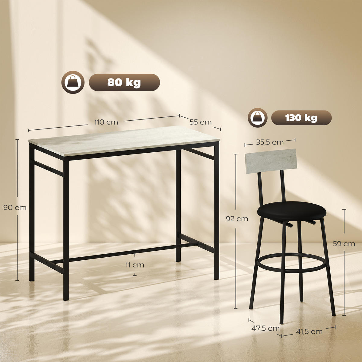 BARTISCH-SET Stahl MDF Hellgrau - Hellgrau, Metall (55/90/110cm) - HOMCOM