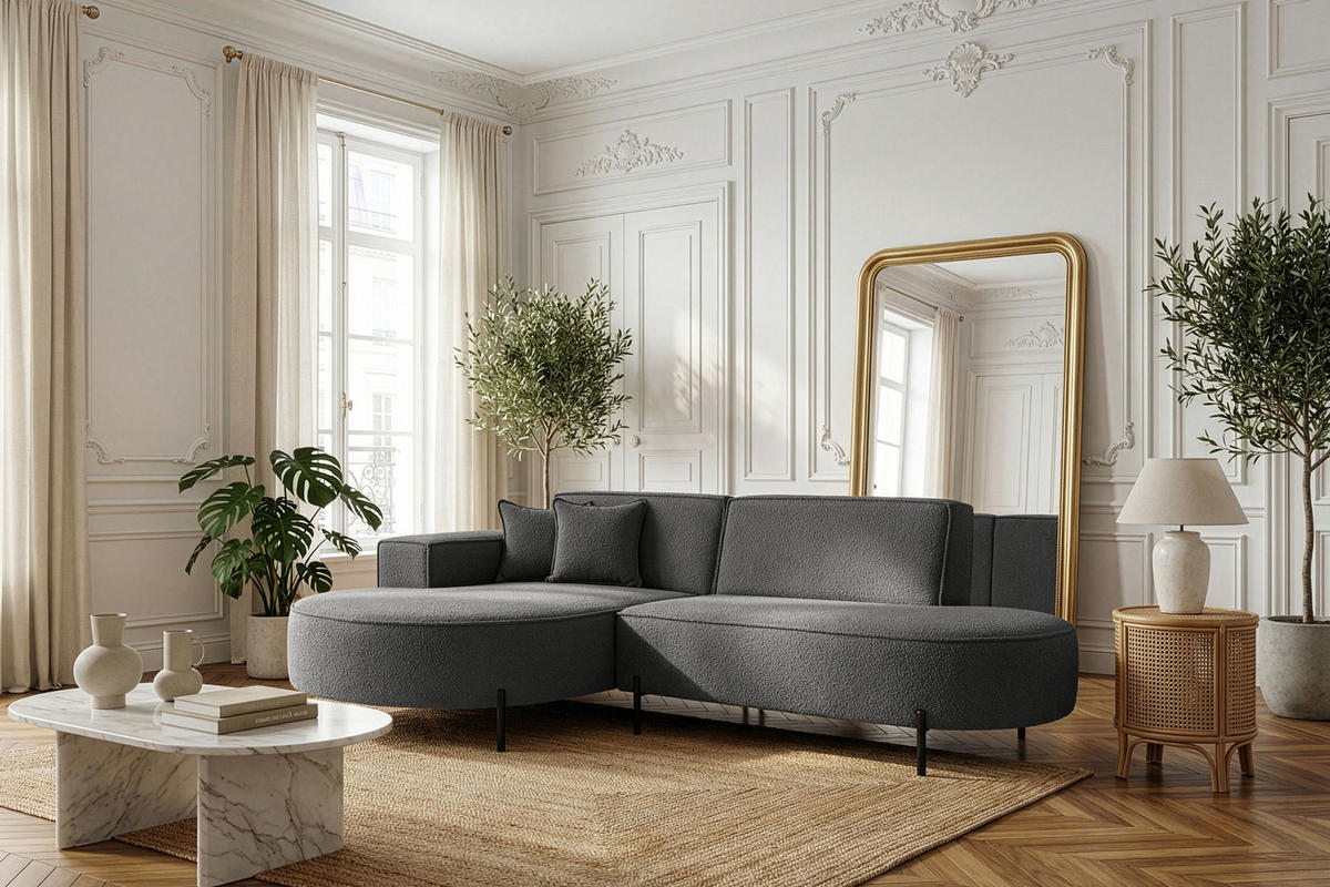 ECKSOFA Hana Loft 3-Sitzer Ecke Links, Boucle, Grau 241/80/168 cm - Schwarz/Grau, Textil/Metall (241/168cm) - WFL GROUP