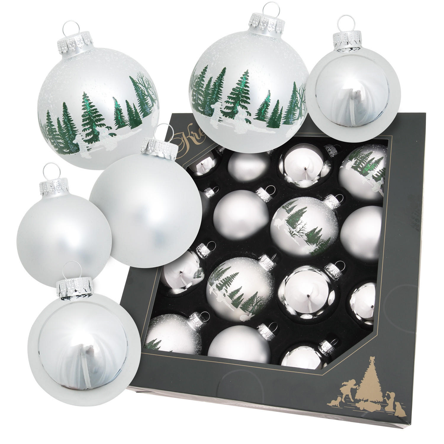 CHRISTBAUMKUGELN Winterwald und Hasen Silberfarbig 8cm (Glas / 16 Stk.) - Silberfarben, Glas (6/8/5cm) - Krebs Glas Lauscha