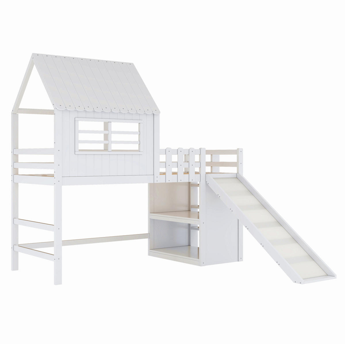 KINDERBETT 90/200 cm mit Rutsche, Leiter und Dachdesign aus Massivholz mit Stauraum, Weiß - Weiß, Holz (90/200cm) - Redom