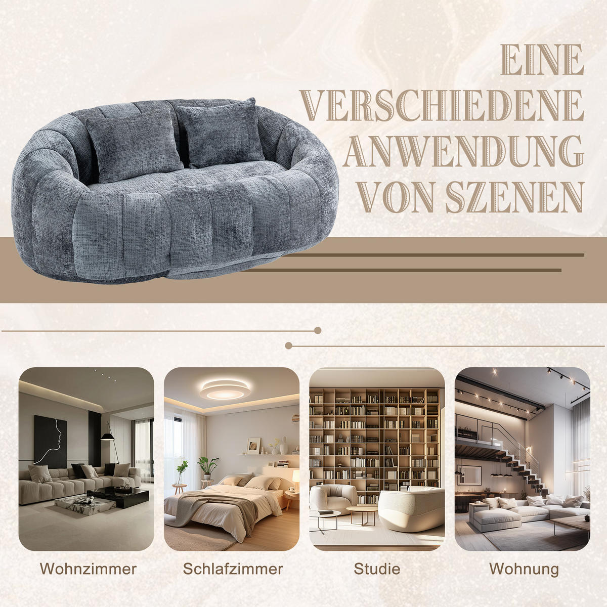 2-SITZER SOFA aus Chenille mit Memory Schaum & ohne Montage - Grau, Textil (145/63/95cm) - Urban Meuble