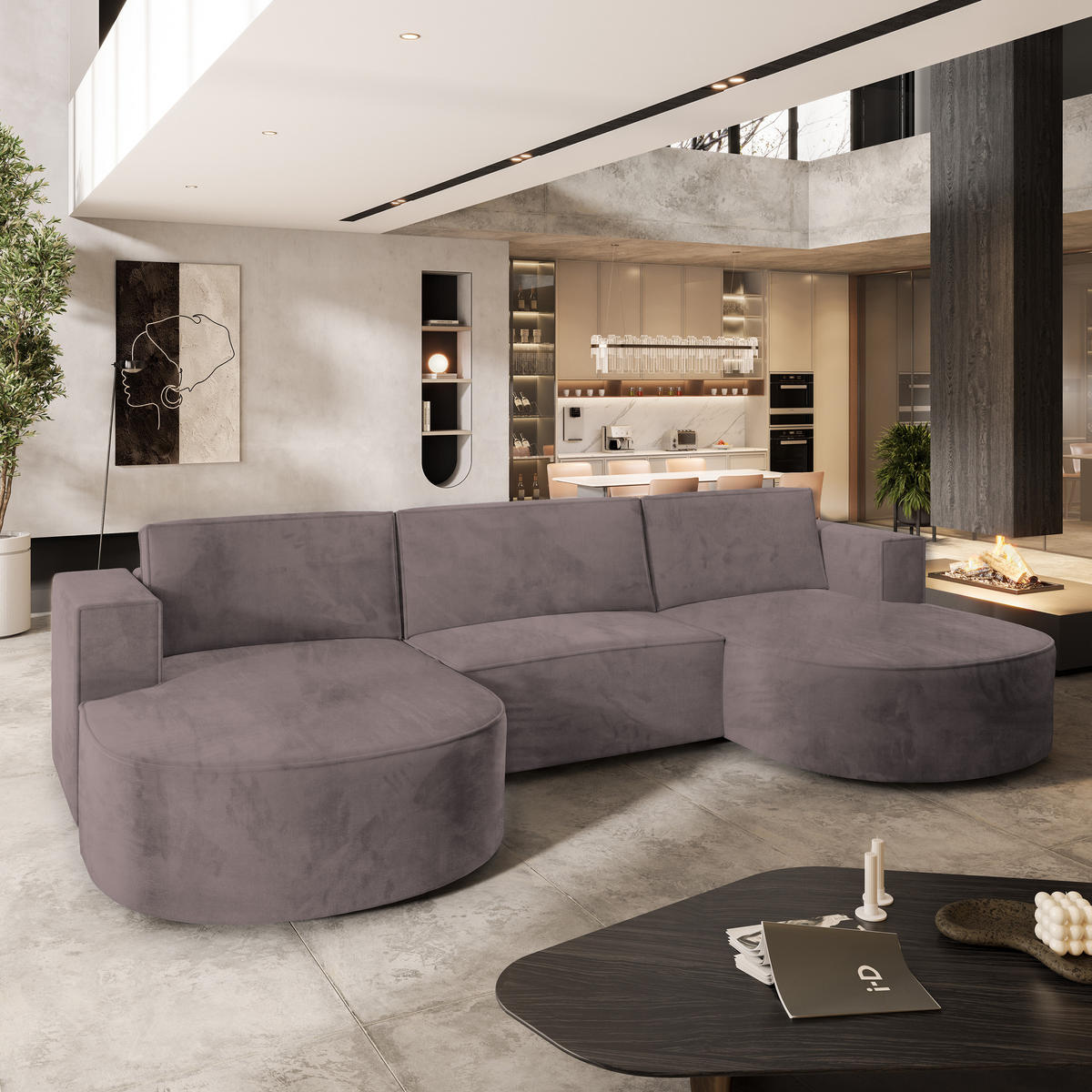 WOHNLANDSCHAFT VEZZO M Lila Velours-Stoff mit Schlaffunktion - Lila, Holz (347/85/174cm) - MASSENO