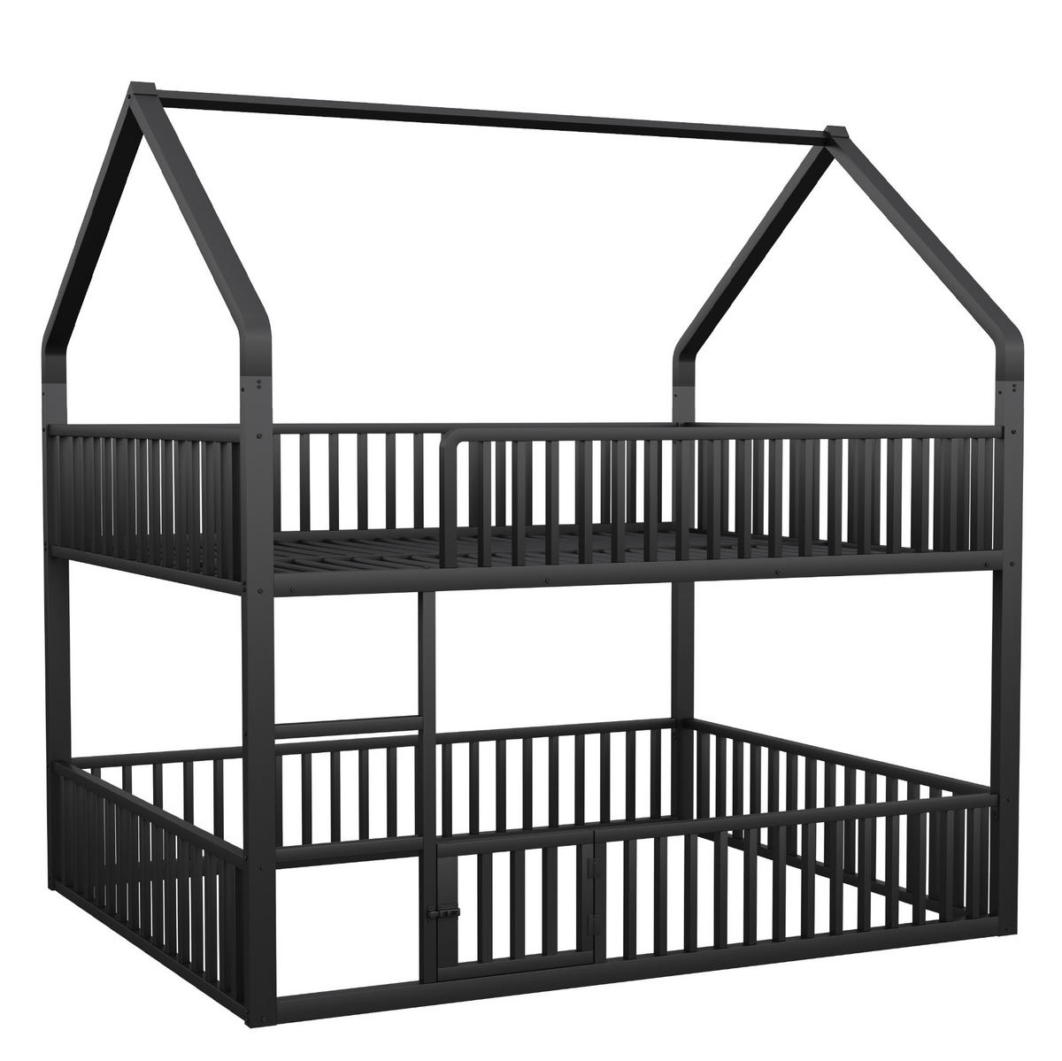 ETAGENBETT 140/200 cm schwarz mit Hausdesign und Sicherheitsgeländern - Schwarz, Metall (140/200cm) - OKWISH
