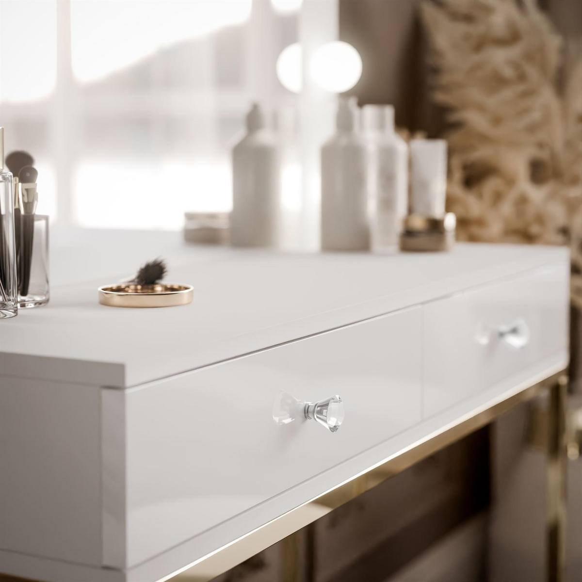 SCHMINKTISCH BLANCO mit Spiegel und Beleuchtung Gold Chrom Weiß Hochglanz Kristallgriff - Weiß Hochglanz/Goldfarben, Holzwerkstoff (100/146/42cm) - Lookway