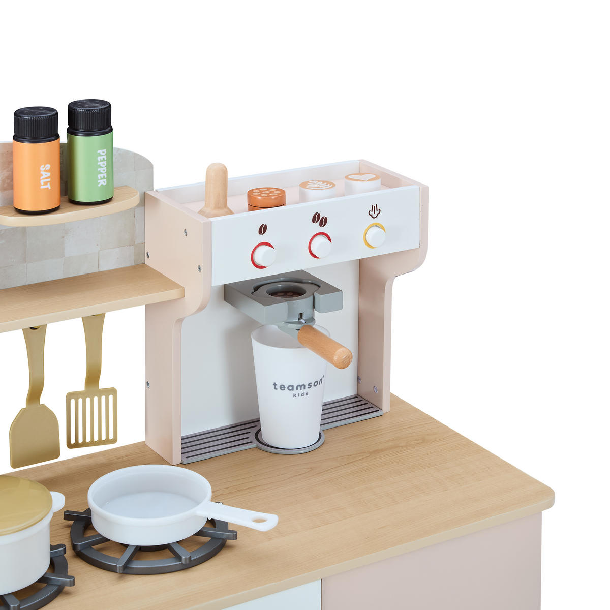 HOLZ-SPIELKÜCHE Mittelgroß mit Kaffeemaschine & Herd, Beige, 83cm - Beige, Holz (32/84/83cm) - Teamson Kids