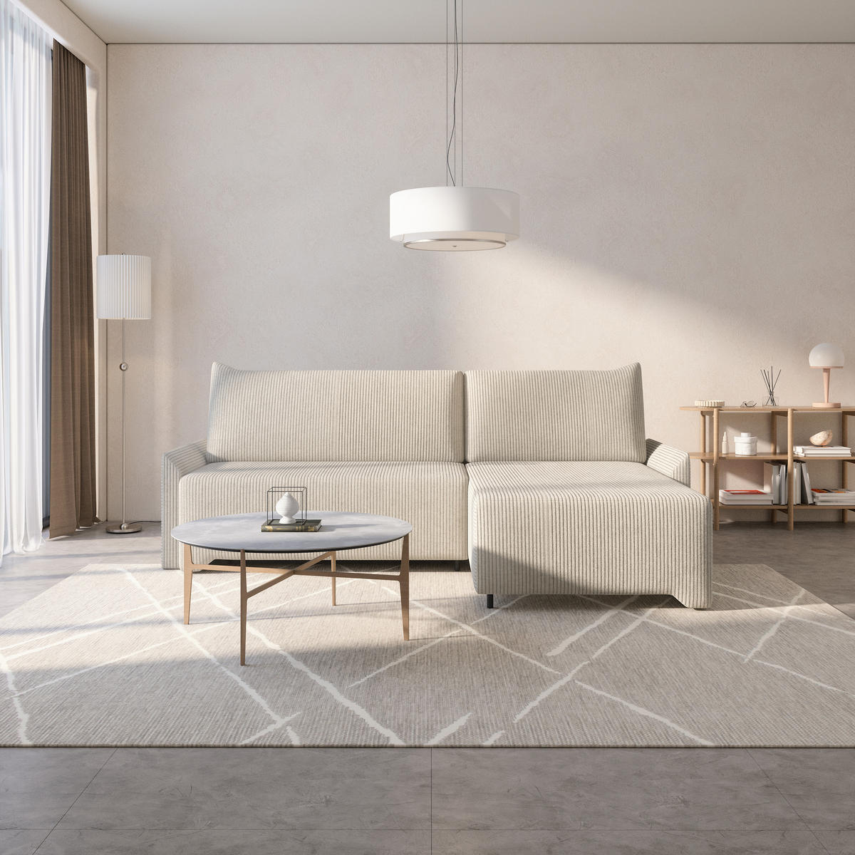 ECKSCHLAFSOFA - Rocky - Rechts, Creme (Poso 100) - Creme/Schwarz, Holzwerkstoff/Metall (245/174cm) - Möblo
