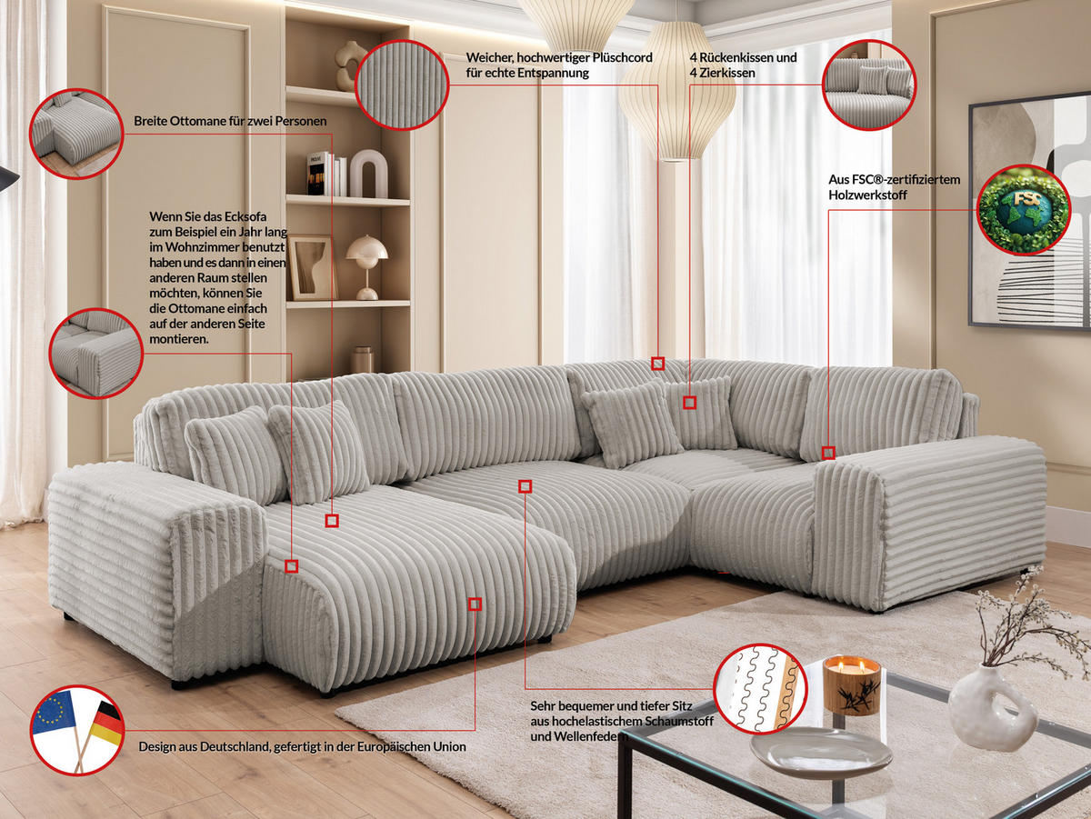 WOHNLANDSCHAFT Mollis Hellgrau Plüschcord im XXL-Format - Ottomane Links - Hellgrau/Schwarz, Holz/Kunststoff (316/77/194cm) - S-Style Möbel