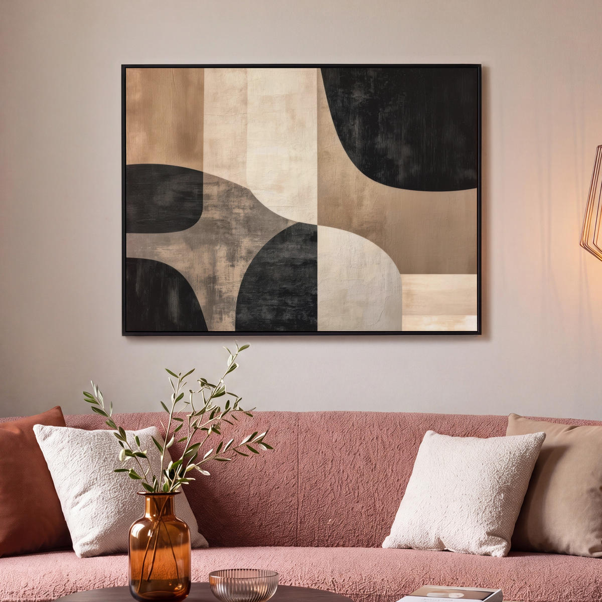 LEINWAND Bilder mit Rahmen - Abstrakt - Flugzeuge - Schwarz - Rund - 100x70 - Beige, Textil (100/70cm) - MuchoWow