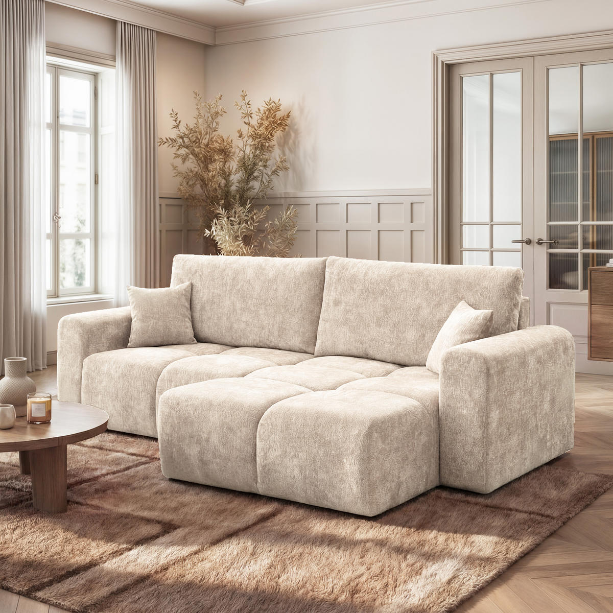 ECKSOFA BALOO mit Schlaffunktion und Bettkasten Beige - Beige, Holzwerkstoff/Kunststoff (250/90/90cm) - Idohome