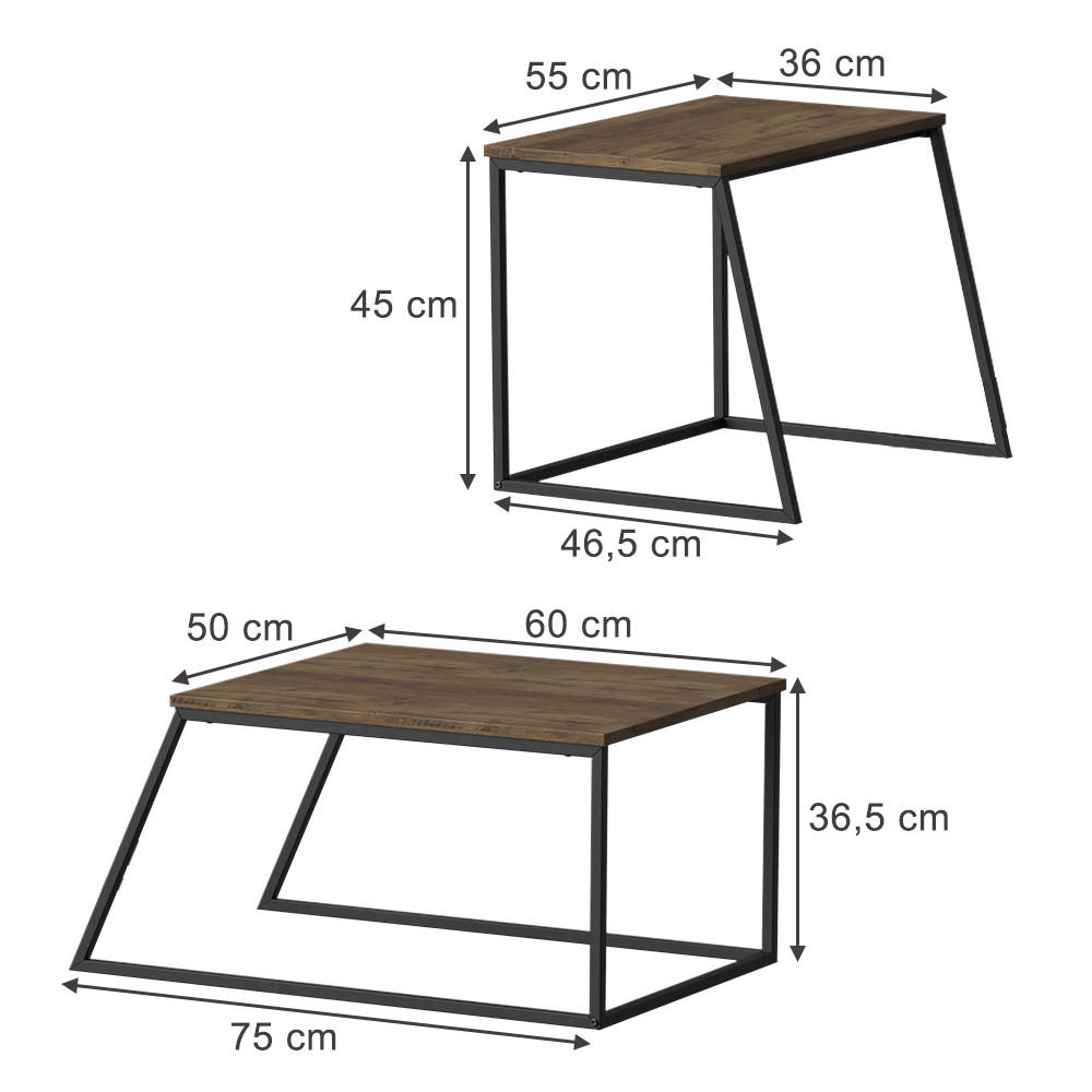 COUCHTISCH-SET Myra Eiche rustikal/Schwarz 60 x 50 cm 2 Teile - Wildeiche, Holzwerkstoff (50/60/38cm) - Vicco