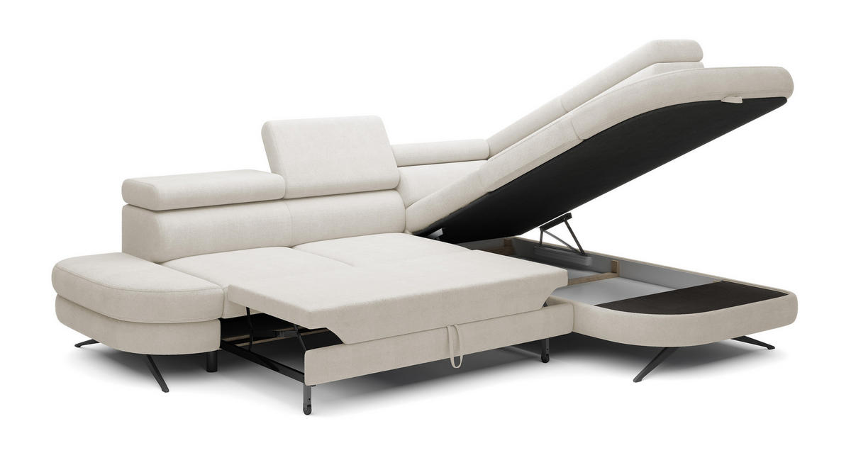 ECKSOFA OTIS L-förm, Schlaffunktion, verstellbare Kopfstützen, in AURORA-Stoff, lose Rückenkissen, freistehend, RECHTS 276x218x97 cm White - Weiß, Holz/Textil (276/218cm) - DomoHome