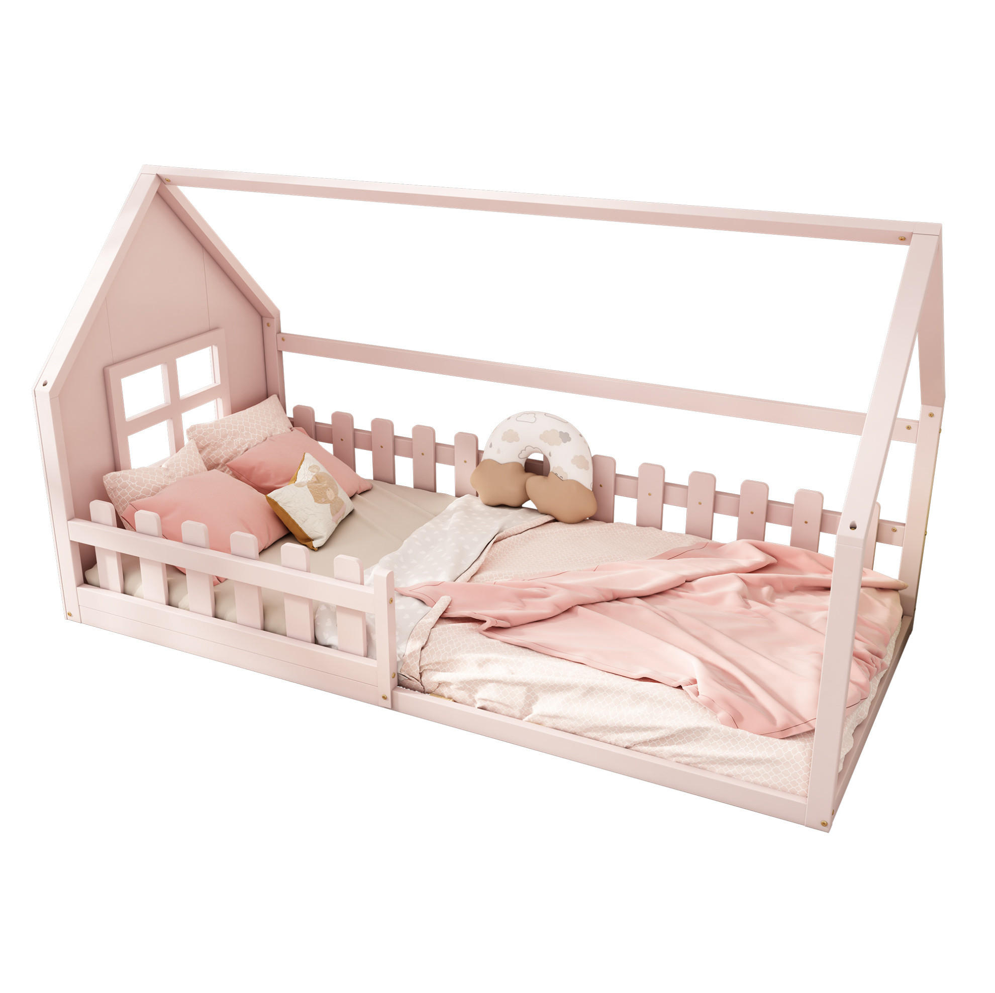 KINDERBETT 90/200 cm in Rosa, Hausform aus Kiefer und MDF - Rosa, Holz (90/200cm) - Flora Grace