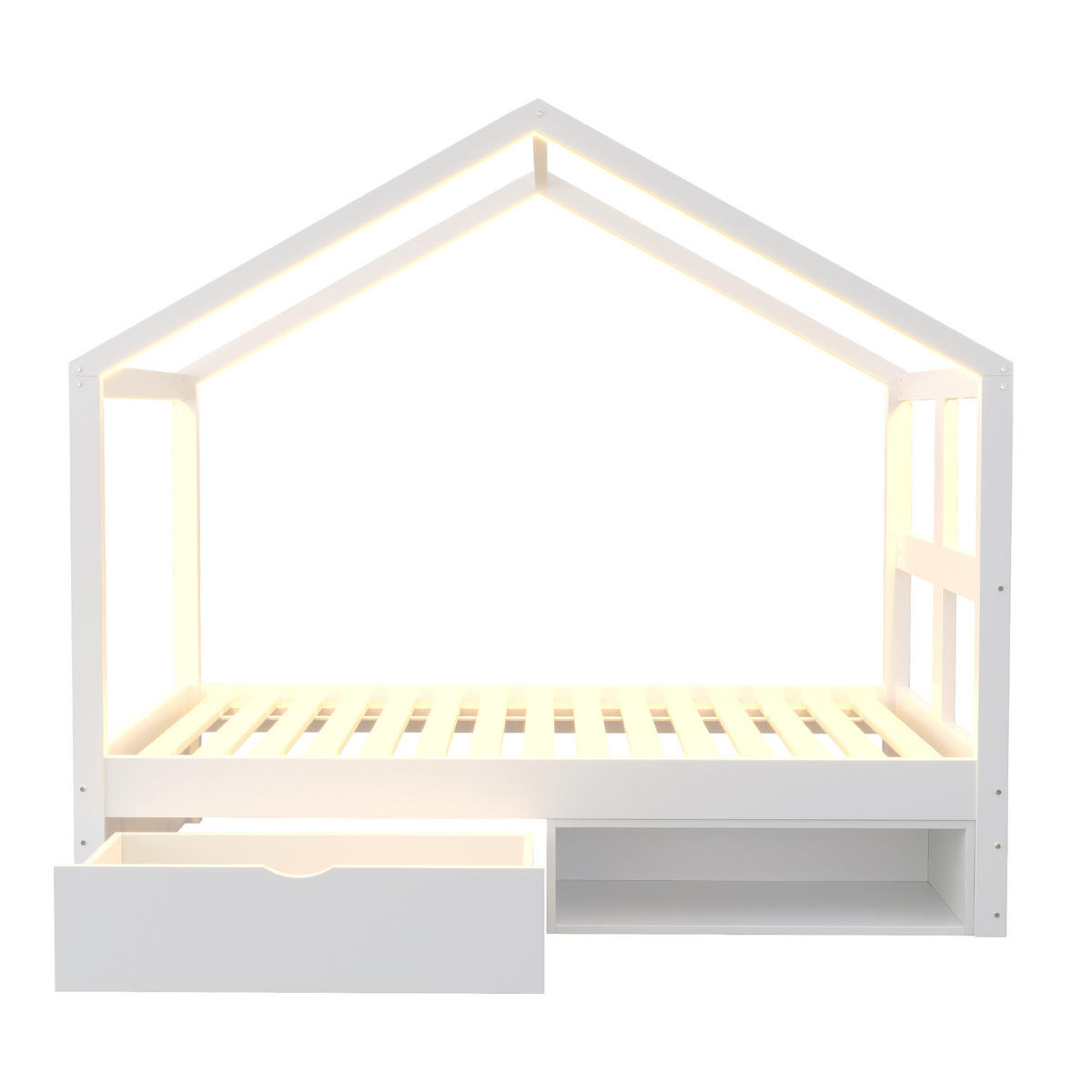 HAUSBETT 90/190 cm DE-01554, in Weiß, mit Schubladen, Schuhschrank und LED-Beleuchtung - Weiß, Holzwerkstoff (90/190cm) - ComfortXL