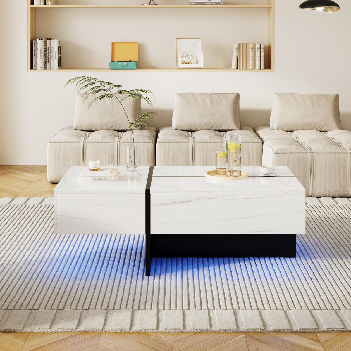 COUCHTISCH Weiß Hochglanz mit LED, Stauraum und Schubladen - Weiß, Metall (100/50/34cm)