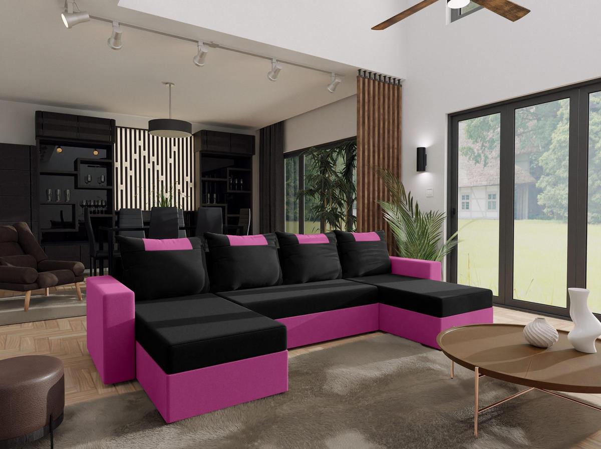 WOHNLANDSCHAFT mit Schlaffunktion Radlach, Schwarz+Rosa - Pink, Textil (298/85/207cm) - Fedve