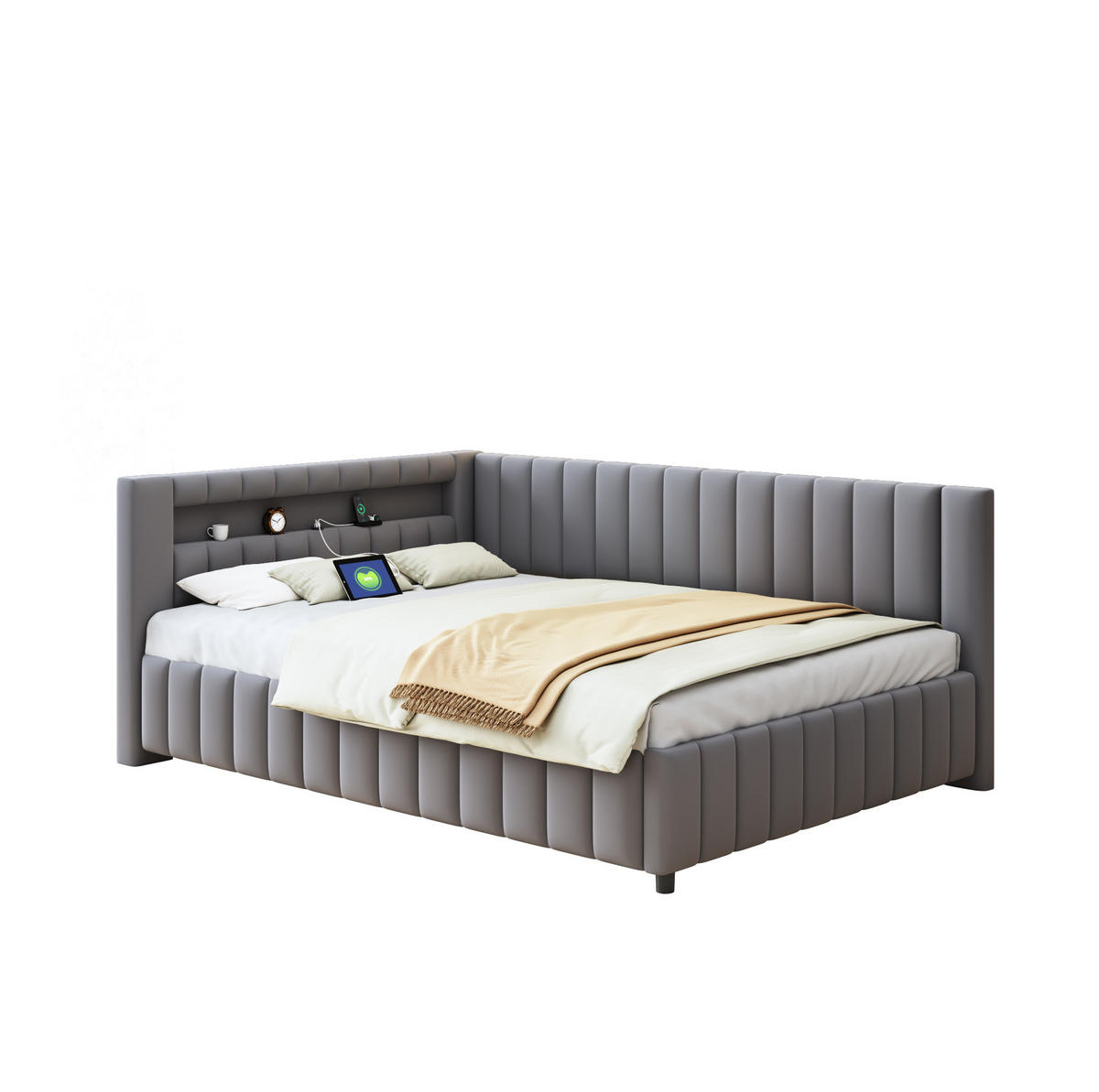 ČALÚNENÁ posteľ 140/200 cm sivá s LED osvetlením a USB portom zo zamatu - sivá, textil (140/200cm) - OKWISH