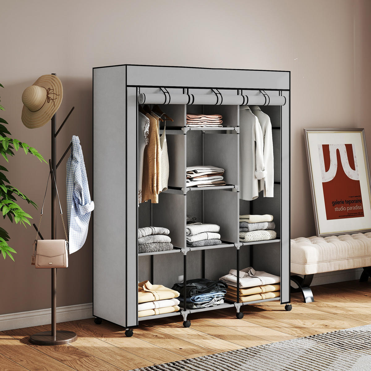 STOFFSCHRANK Faltschrank Kleiderschrank mit Kleiderstangen 8 Ebenen Hellgrau - Hellgrau/Schwarz, Kunststoff/Textil (43/162.5/125cm) - HOMCOM