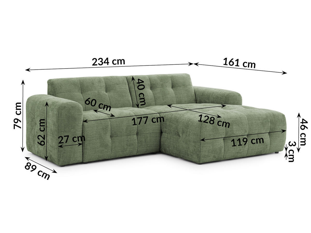 ECKSOFA Kozy im Bumpy-Design mit fester Rückenlehne aus weichem Grün Chenille-Stoff - Ottomane rechts - Schwarz/Grün, Holz/Kunststoff (234/161cm) - S-Style Möbel