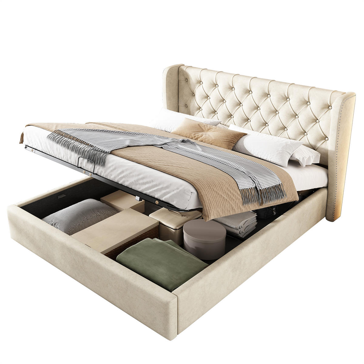 POLSTERBETT 140/200 cm in Beige Samt - Beige, Holz/Textil (140/200cm) - KOMHTOM