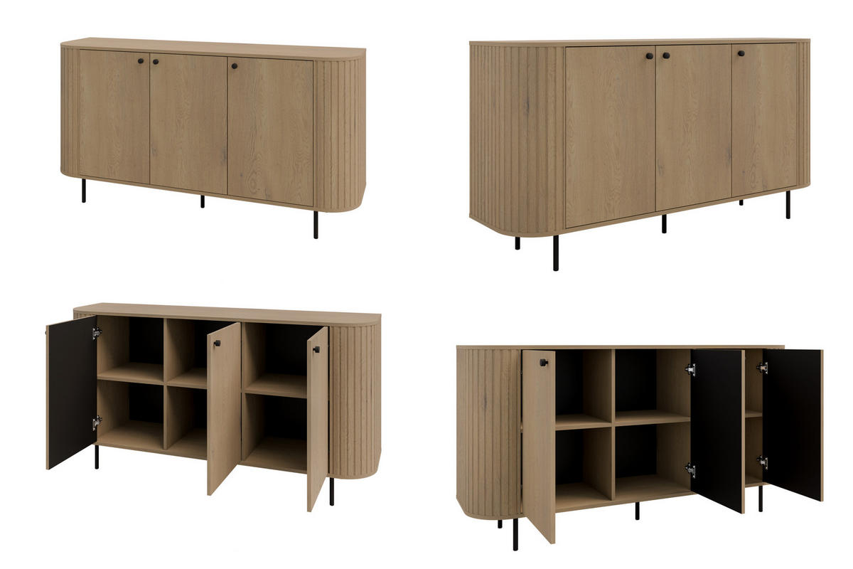KOMMODE Olivia 165cm, mit 3 Türen und geriffeltem Design, eiche sonoma - Sonoma Eiche, Metall (43/85/165cm) - Margaret Hadas24