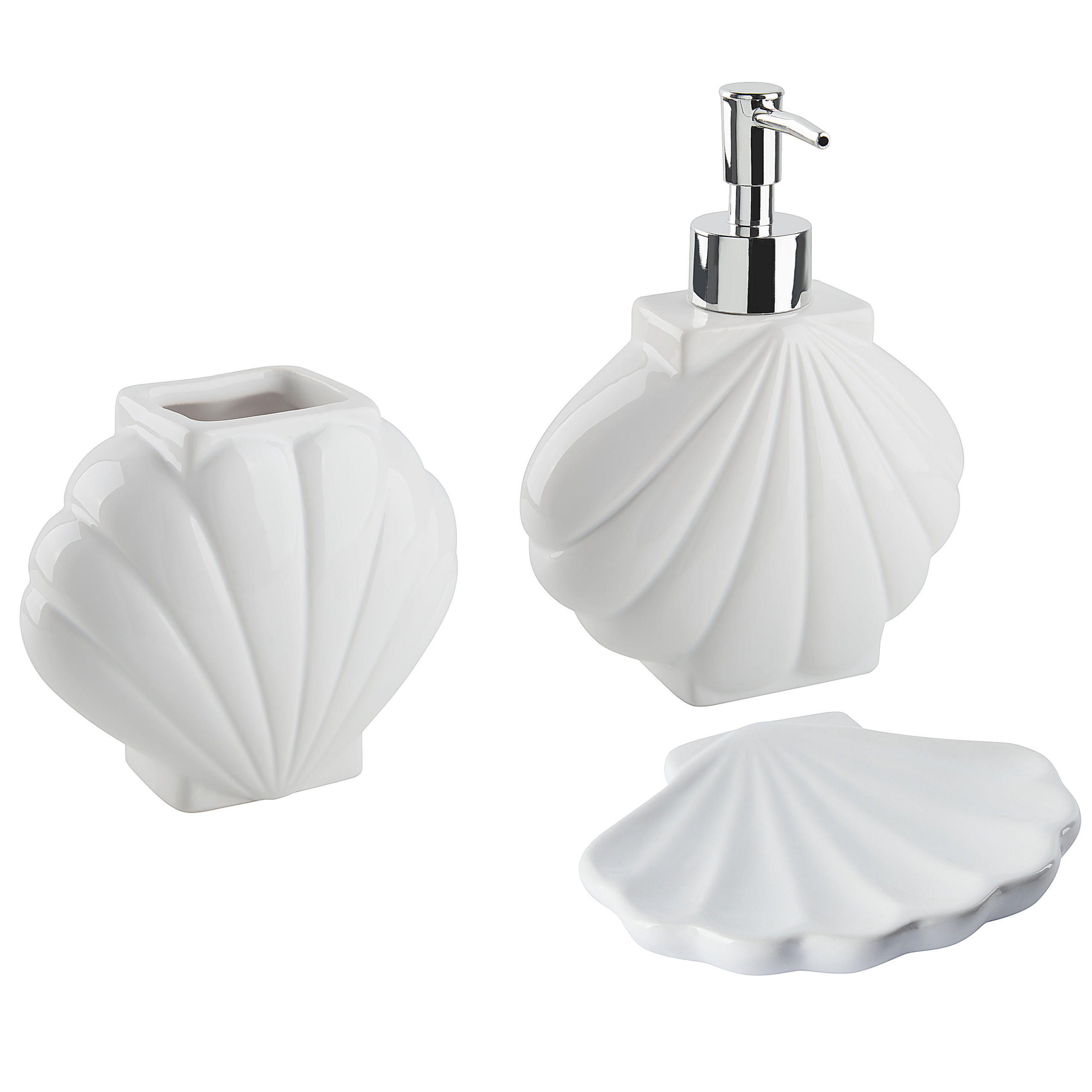 BADEZIMMER Set 3-teilig Keramik weiß Muschelform Shell - Weiß, Stein (14/18/7cm) - Beliani