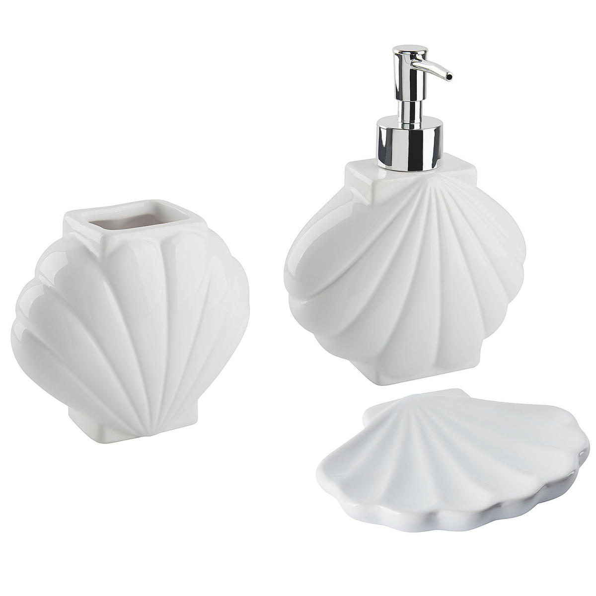 BADEZIMMER Set 3-teilig Keramik weiß Muschelform Shell - Weiß, Stein (14/18/7cm) - Beliani