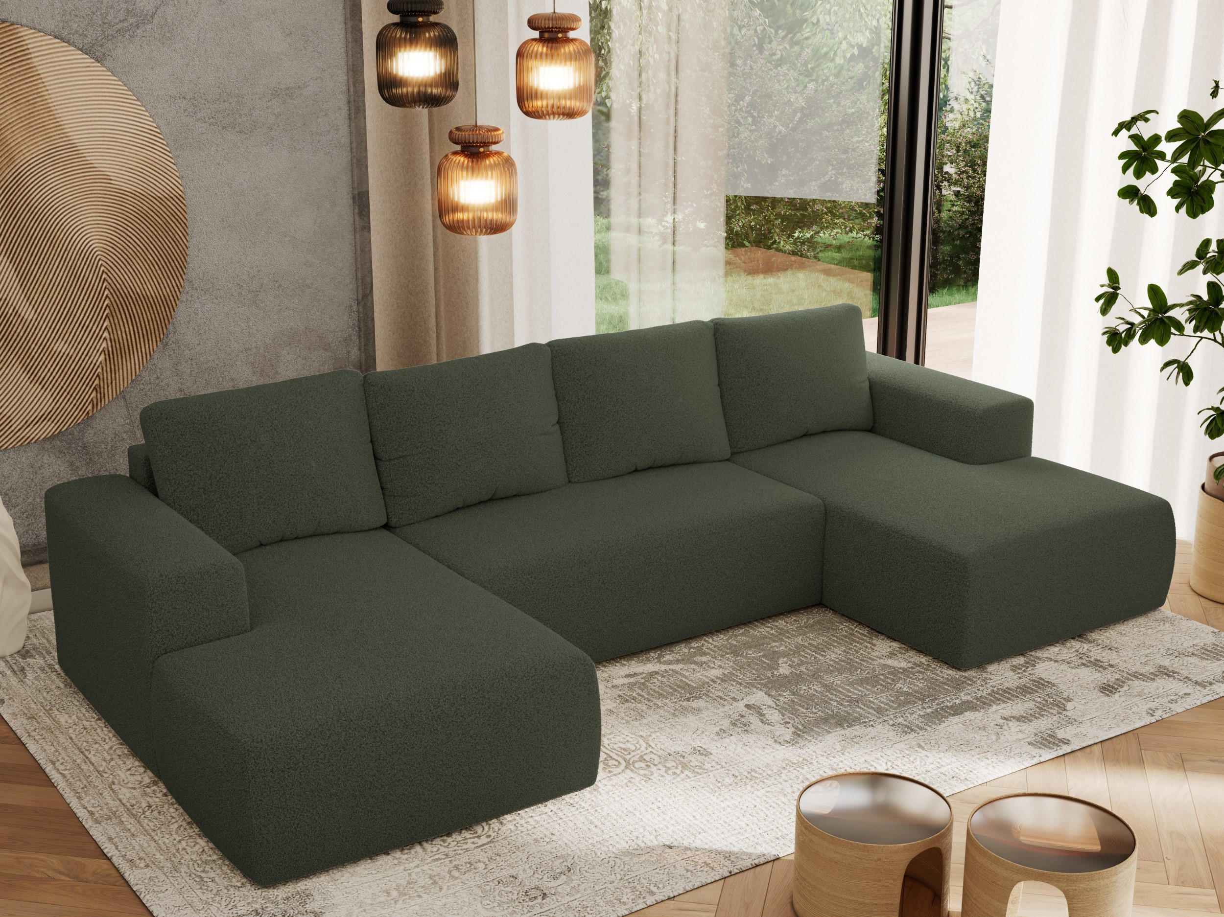WOHNLANDSCHAFT TRENTINO U Grün Boucle - Grün, Textil (334/91/163cm) - MKS